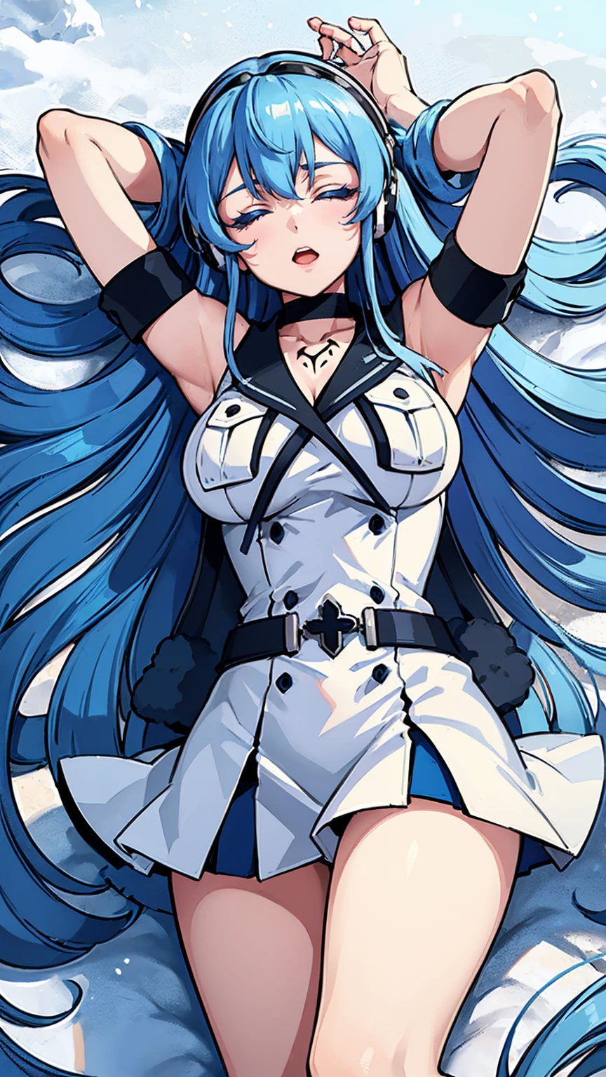(artwork, best quality) a girl with long blue hair, closed eyes, blue eyelashes, white sailor suit, big breasts, perfect body, beautiful eyes, good waist, tattoo, screaming with joy, arms and legs open, listening to music with a headset, lying in the snow