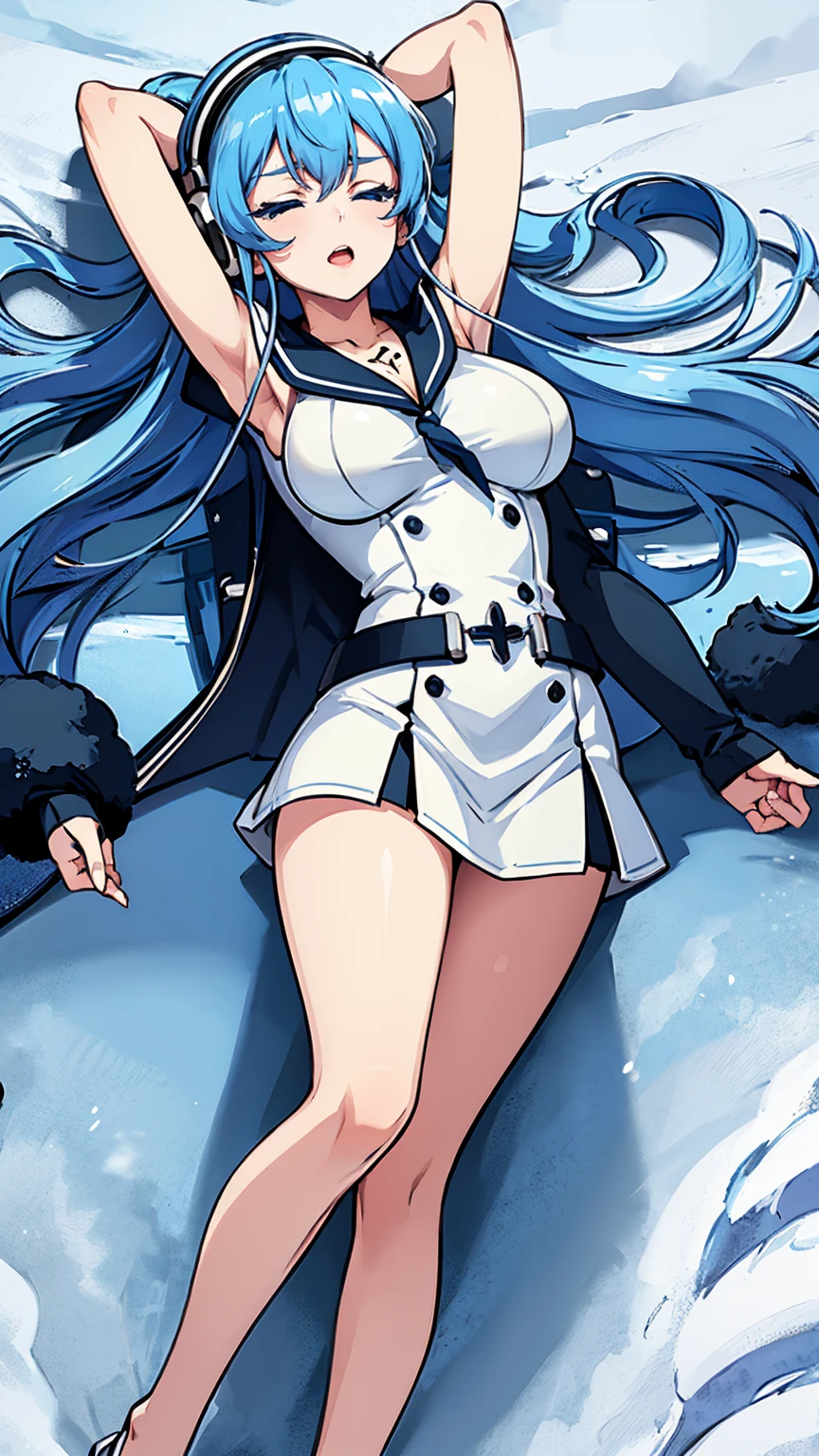 (artwork, best quality) a girl with long blue hair, closed eyes, blue eyelashes, white sailor suit, big breasts, perfect body, beautiful eyes, good waist, tattoo, screaming with joy, arms and legs open, listening to music with a headset, lying in the snow