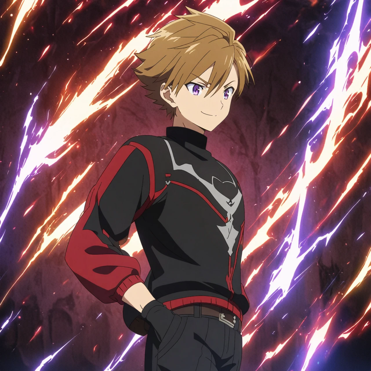 Edens zero style, 1Male, Boy, brown hair, violet eyes, Black glove, smile, Black Shirt, Red Shoes,Black Long pants, Red Jacket, HD,anime Style,lighning Effects,Schoolday Background, HD