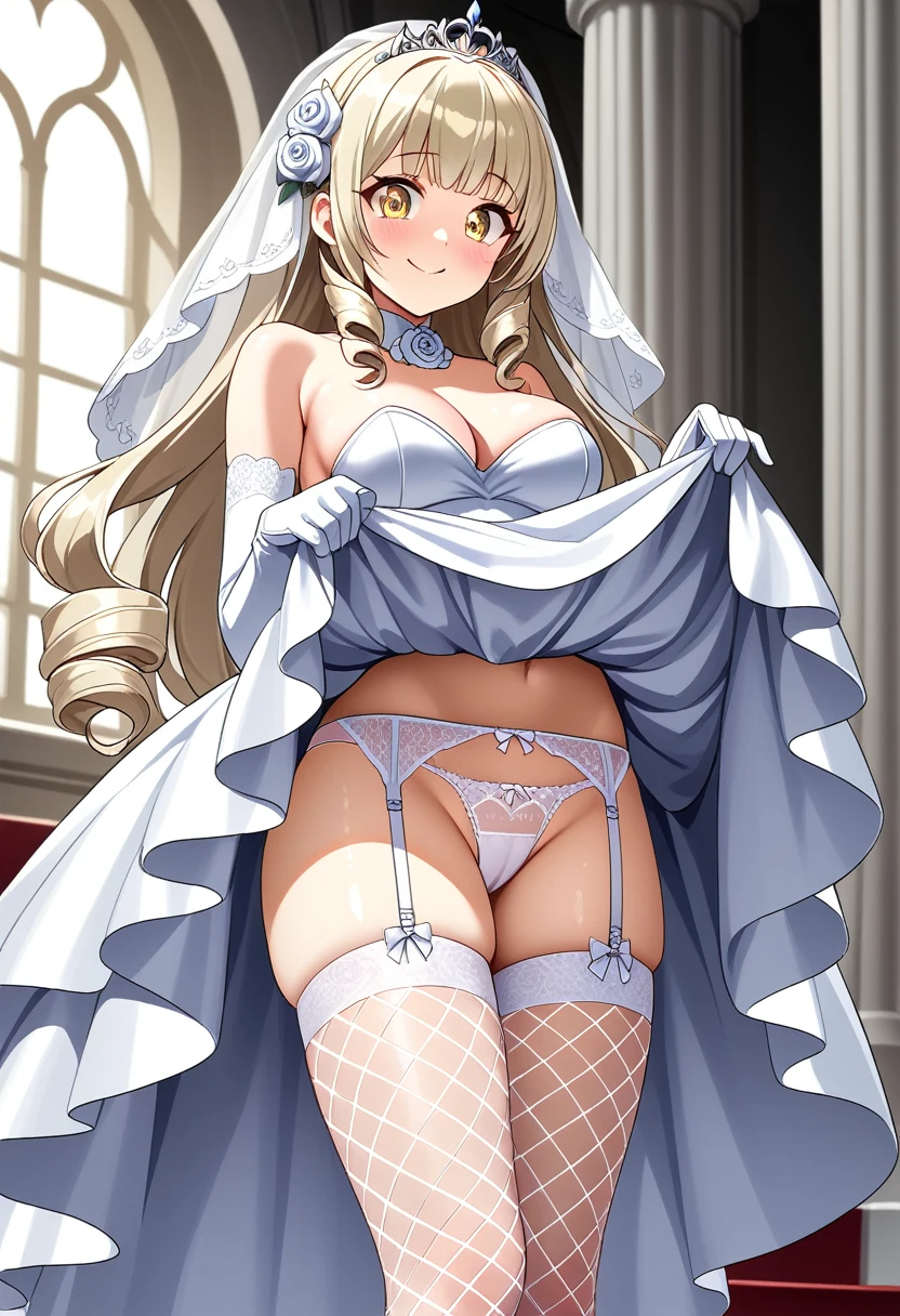 ((Highest quality)), ((masterpiece)), (be familiar with), Perfect Face, Big eyes, Drooping eyes, eyelash, The sparkling light of the eyes , platinum blonde twin drill hair, (wedding dress), (****ta fashion), white fishnet tights, White garter belt, white high heels, tiara veil, white gloves, (mini skirt lift), (intricate detailed white satin panties), medium breasts, smile, closed mouth, whole body