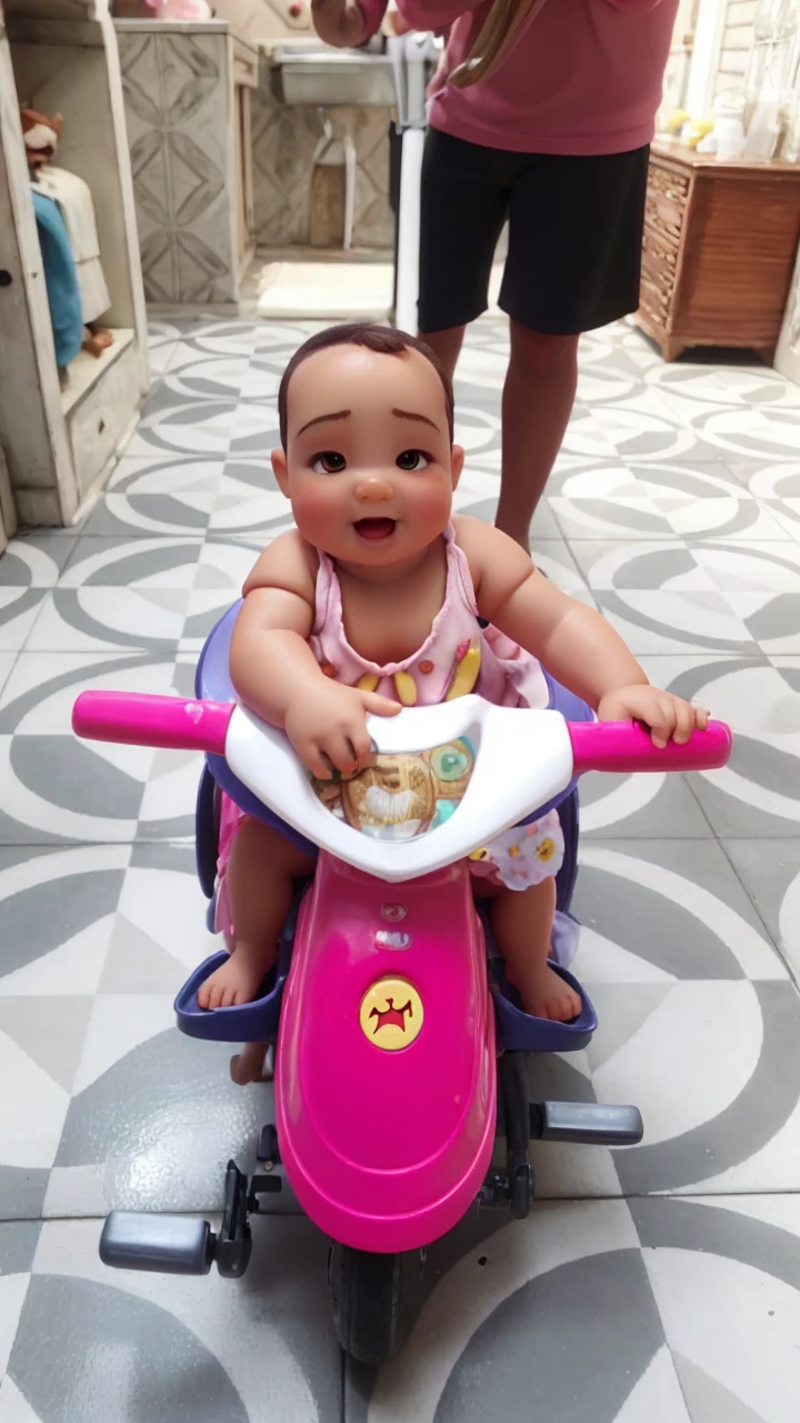 , 1 yearubby, acorn chin, stretched eye, small eye, dark hair, very short hair, little hair, skin fair, pink dress, rolled dress, princesselise, sapatos brancos,