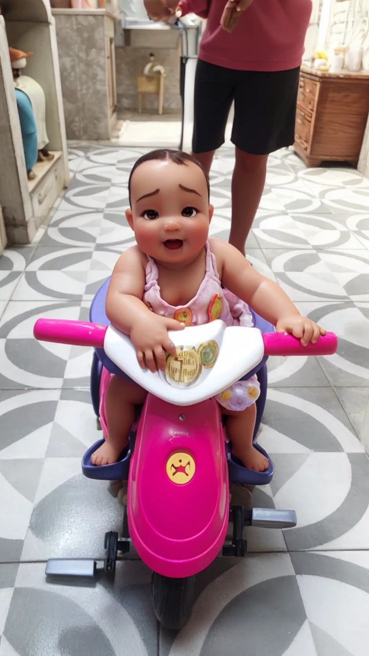 baby , 1 year, chubby, acorn chin, stretched eye, small eye, dark hair, very short hair, little hair, skin fair, pink dress, rolled dress, princesselise, sapatos brancos,