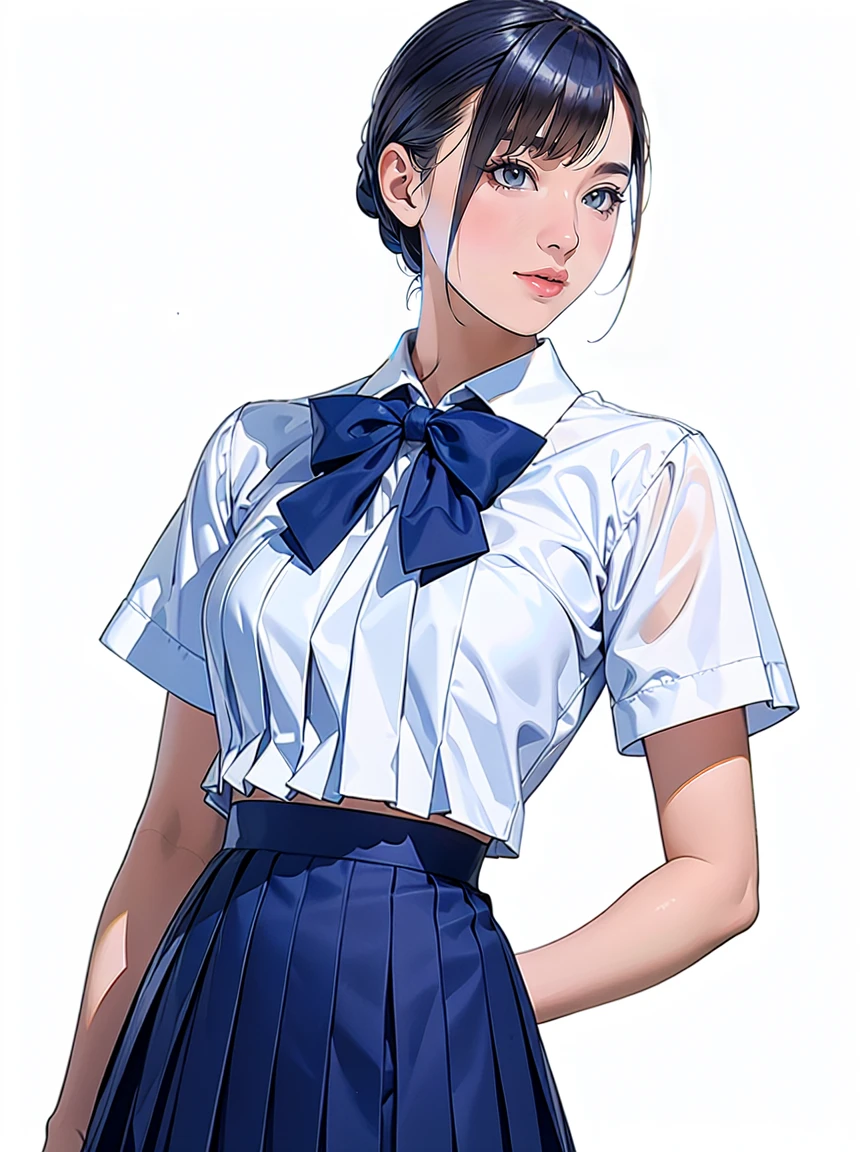(Highest quality、Masterpiece、8K、Highest quality、Hyperrealism、Ultra HD)、(White polyester collared blouse:1.1)、(Navy Pleated Skirt:1.6)、( Red bow tie on chest:1.1)、Perfect Style、Perfect body line、Large Breasts、Slender body、Perfect beautiful anime illustration、(The simplest pure white background:1.1)、standing elegantly、(Panties shot from below:1.2)、 can see her panties:1.2)、Embarrassed expression、smile