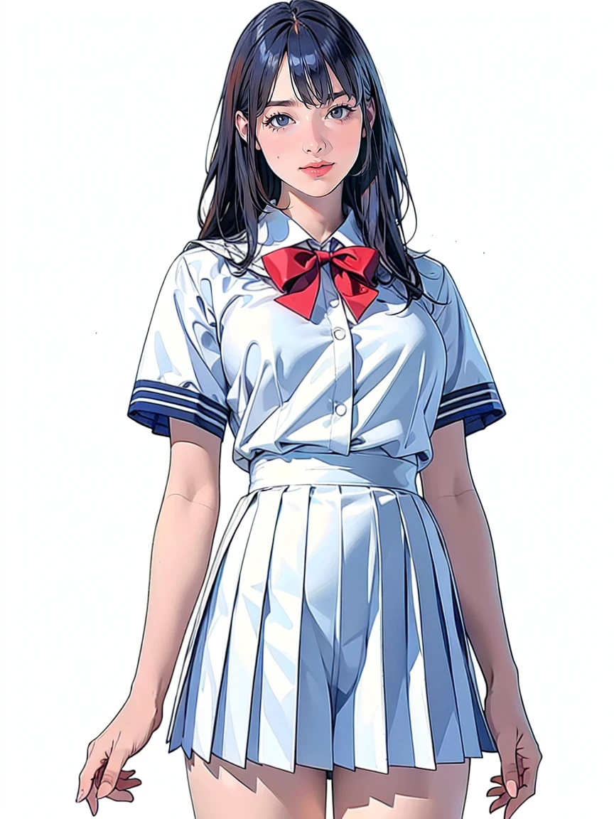 (Highest quality、Masterpiece、8K、Highest quality、Hyperrealism、Ultra HD)、(White polyester collared blouse:1.1)、(Navy Pleated Skirt:1.6)、( Red bow tie on chest:1.1)、Perfect Style、Perfect body line、Large Breasts、Slender body、Perfect beautiful anime illustration、(The simplest pure white background:1.1)、standing elegantly、(Panties shot from below:1.2)、 can see her panties:1.2)、Embarrassed expression、smile