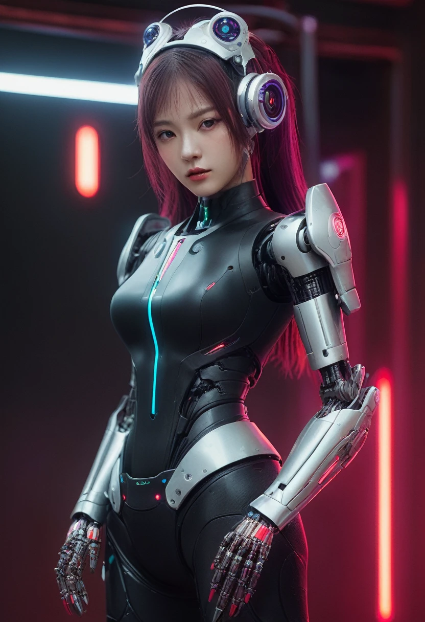 xxmixgirl. Highly detailed professional 35mm film, bokeh, face in sharp focus. A robotic female, Miku, with ((metal skin)), ((perfect Asian eyes)) with magenta irises and ((black pupils)), beautiful serious (detailed face), 18 year old ((photorealistic face)), very long magenta twin tails of magenta hair, twin black hair ties with a single red stripe. She may have a black audio headpiece. We can see her ((full body)) down to her boot soles. Her outfit is a sleeveless collared light grey shirt, outlined in red around the frilled collar and hems. Shiny reflective ((metallic breast cups, dimpleless)), invisible nipples. She wears black sleeves with red hems that start around her upper arm and bellow out as the sleeves open and extend to her wrists, with wide trumpet red rimmed cuffs. She has perfect robotic (detailed hands). She wears a red colored tie with two horizontal solid parallel black lines halfway across. She wears a fabric black skirt with a horizontal red hem at the bottom all the way around; her (((black skirt wraps around her))) and ((her skirt completely covers)) her robotic waist and thighs. Tall black boots with red bottom soles, a red rim around the top at her thighs. Her mechanical shoulder joints are visible. We can see her robotic legs and robotic neck. Half of her is covered with shiny polished machinery. The background is a distant dark neon futuristic Japanese city, gold, cyan, violet neon, near harbor or mountains.