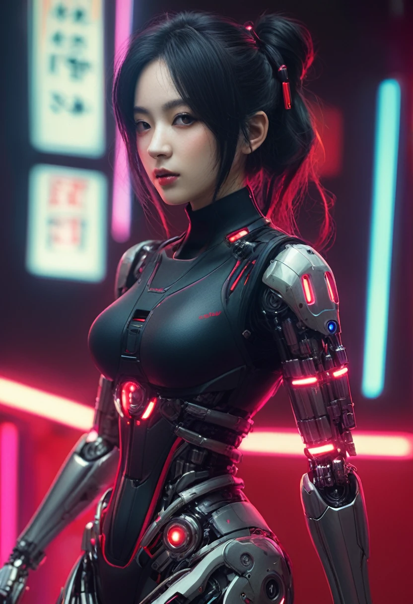 xxmixgirl. Highly detailed professional 35mm film, bokeh, face in sharp focus. A robotic female, Miku, with ((metal skin)), ((perfect Asian eyes)) with magenta irises and ((black pupils)), beautiful serious (detailed face), 18 year old ((photorealistic face)), very long magenta twin tails of magenta hair, twin black hair ties with a single red stripe. She may have a black audio headpiece. We can see her ((full body)) down to her boot soles. Her outfit is a sleeveless collared light grey shirt, outlined in red around the frilled collar and hems. Shiny reflective ((metallic breast cups, dimpleless)), invisible nipples. She wears black sleeves with red hems that start around her upper arm and bellow out as the sleeves open and extend to her wrists, with wide trumpet red rimmed cuffs. She has perfect robotic (detailed hands). She wears a red colored tie with two horizontal solid parallel black lines halfway across. She wears a fabric black skirt with a horizontal red hem at the bottom all the way around; her (((black skirt wraps around her))) and ((her skirt completely covers)) her robotic waist and thighs. Tall black boots with red bottom soles, a red rim around the top at her thighs. Her mechanical shoulder joints are visible. We can see her robotic legs and robotic neck. Half of her is covered with shiny polished machinery. The background is a distant dark neon futuristic Japanese city, gold, cyan, violet neon, near harbor or mountains.