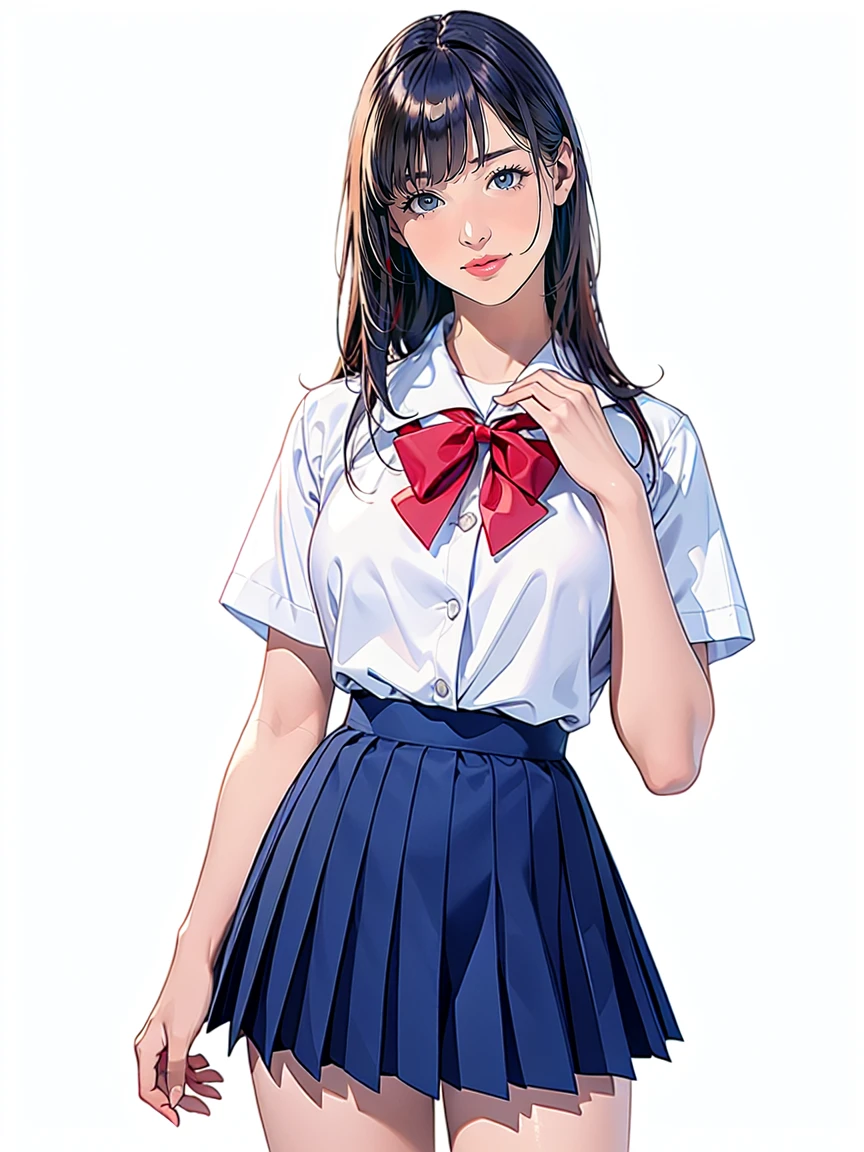 (Highest quality、Masterpiece、8K、Highest quality、Hyperrealism、Ultra HD)、(White polyester collared blouse:1.2)、(Navy Pleated Skirt:1.5)、( Red bow tie on chest:1.1)、Perfect Style、Perfect body line、Large Breasts、Slender body、Perfect beautiful anime style、Smooth anime CG art、(The simplest pure white background:1.1)、standing elegantly、(Panties shot from below:1.1)、 can see her panties:1.1)、Embarrassed expression、smile