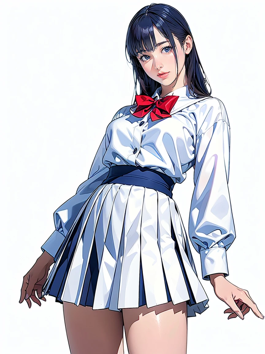 (Highest quality、Masterpiece、8K、Highest quality、Hyperrealism、Ultra HD)、(White polyester collared blouse:1.2)、(Navy Pleated Skirt:1.5)、( Red bow tie on chest:1.1)、Perfect Style、Perfect body line、Large Breasts、Slender body、Perfect beautiful anime style、Smooth anime CG art、(The simplest pure white background:1.1)、standing elegantly、(Panties shot from below:1.1)、 can see her panties:1.1)、Embarrassed expression、smile