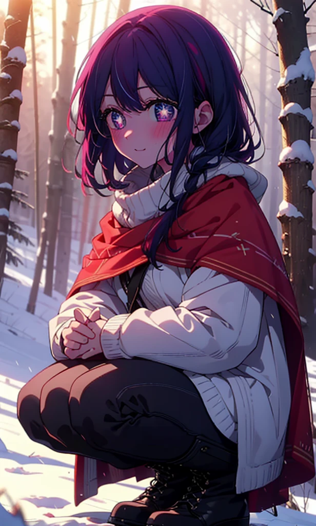aihoshino, Ai Hoshino, Long Hair, bangs, (Purple eyes:1.1), Purple Hair, (Symbol-shaped pupil:1.5), smile,,smile,blush,White Breath,
Open your mouth,snow,Ground bonfire, Outdoor, boots, snowing, From the side, wood, suitcase, Cape, Blurred, , forest, White handbag, nature, Squat, Mouth closed, Cape, winter, Written boundary depth, Black shoes, red Cape break looking at viewer, Upper Body, whole body, break Outdoor, forest, nature, break (masterpiece:1.2), Highest quality, High resolution, unity 8k wallpaper, (shape:0.8), (Beautiful and beautiful eyes:1.6), Highly detailed face, Perfect lighting, Extremely detailed CG, (Perfect hands, Perfect ???????),