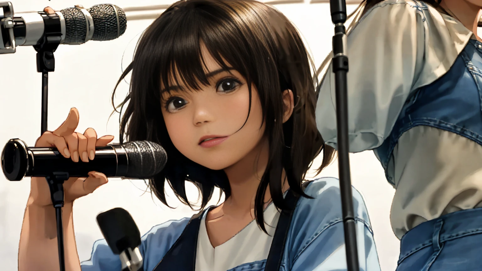 Daytime in the Philippines in the 1970s、A close-up of the upper body of a woman singing enthusiastically without a microphone while playing a brown acoustic guitar in front of a large crowd, frowning as she sings、Women are short and thin、Light brown short bob cut hairstyle、White T-shirt and jeans