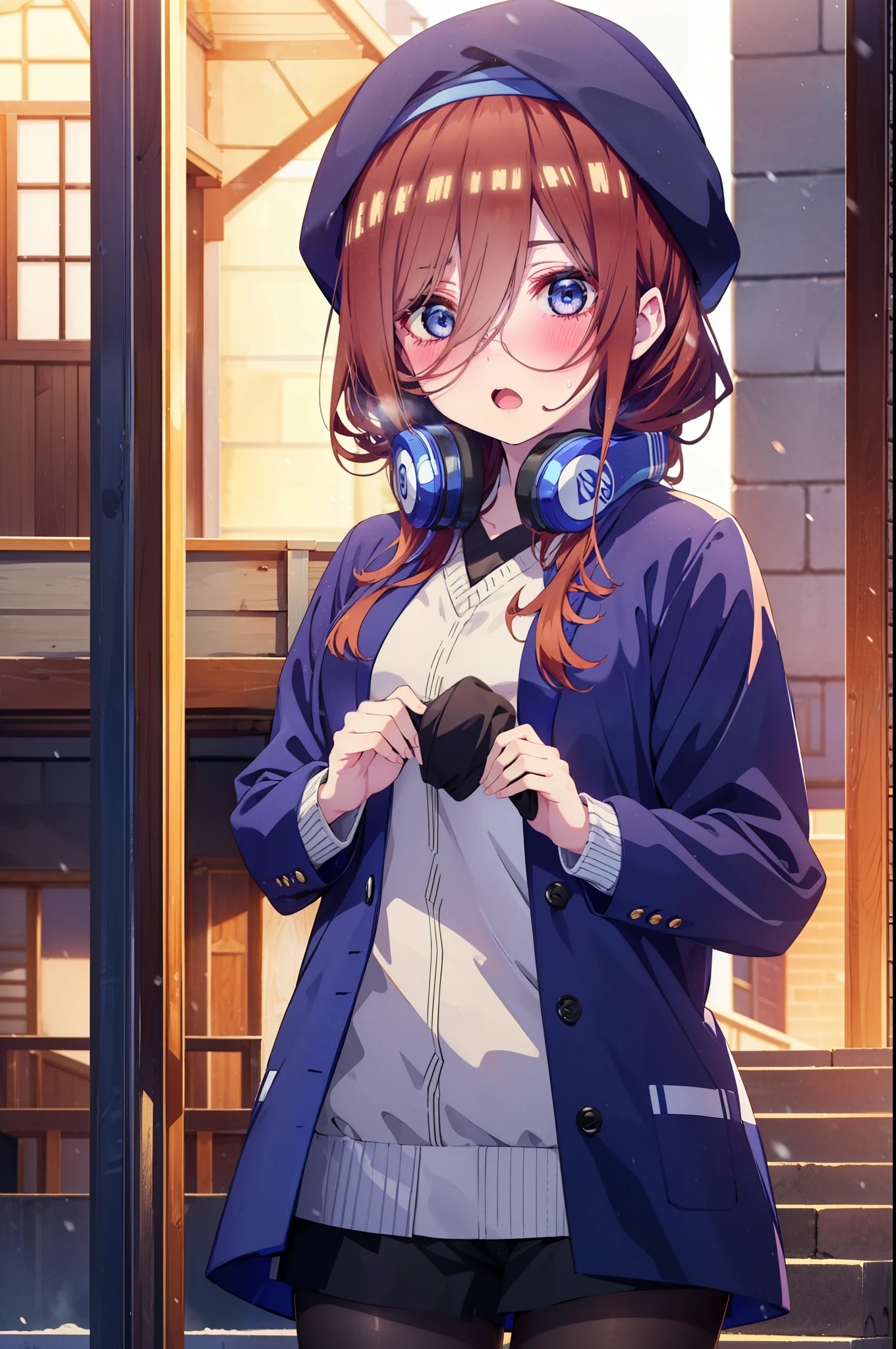 Mikunakano, miku nakano, Long Hair, bangs, blue eyes, Brown Hair, shirt, Hair between the eyes,blush, Open your mouth,White Breath,Scarf,Headphones around neck,Knitted hat,Blue long coat,V-neck sweater,Long skirt,Black pantyhose,Shorts Fluffy gloves,Are standing,Snow is piled up,It&#39;s snowing,whole bodyがイラスト入るように,Hidden in a building with a roof,
break outdoors, 駅
break looking at viewer, whole body,
break (masterpiece:1.2), Highest quality, High resolution, unity 8k wallpaper, (figure:0.8), (Beautiful attention to detail:1.6), Highly detailed face, Perfect lighting, Highly detailed CG, (Perfect hands, Perfect Anatomy),