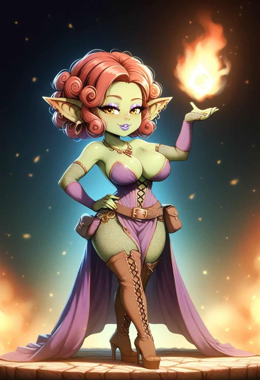 Girl, goblin girl, goblin, green skin, short, short stature, short hair, red hair, curly hair, large breasts, long gloves, thigh boots, pouty lips, masterpiece, best quality, sexy, dynamic pose, 8k, shortstack, sfw, shiny, fantasy, dungeons and dragons, high heels, fishnets, holding, dark green skin, adventurer, slutty pose, sorcerer, sorceress, pyromancer, fire and ice, magic, fire and ice magic, long detailed slutty colorful dress, thigh pouch, very curly hair, lots of belts, curly hairstyle, lipstick, rosy cheeks, smile, eyeshadow, eye liner, belt on hip, magic, magic dress