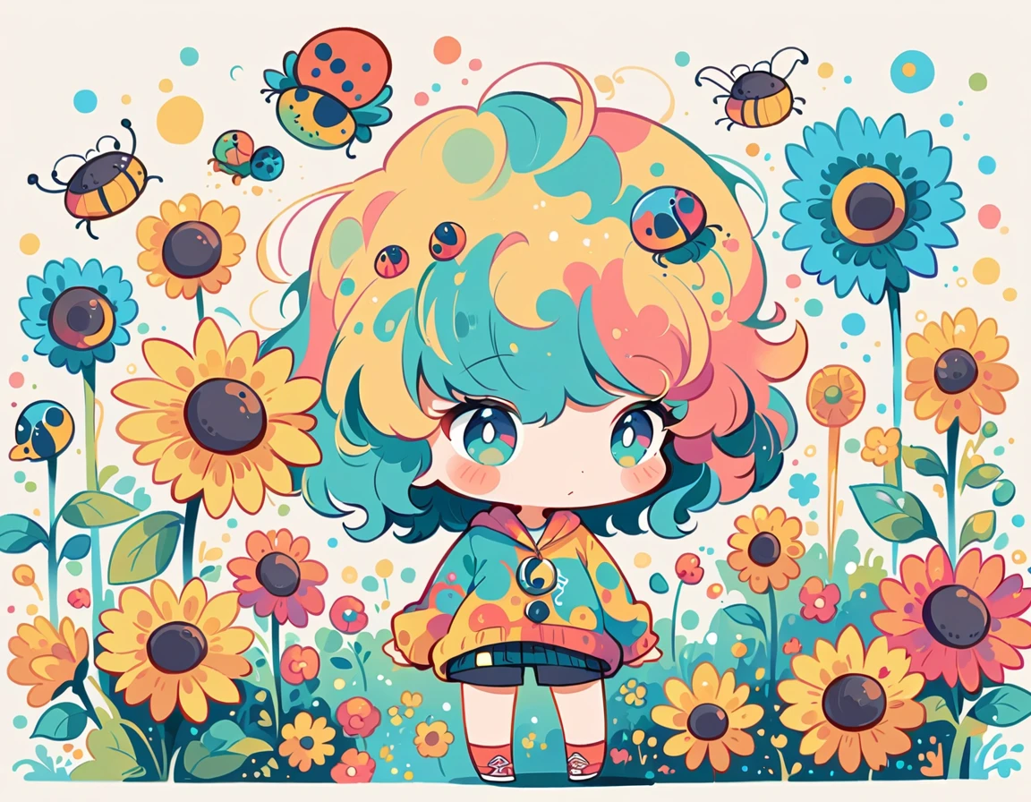 Watase Seizo style, Standing in front of a high wall,Simple Line Initialism,Abstract art,Urban Background, (((The most beautiful girl))), (((chibi))), Cute and colorful pillbugs, sunflower