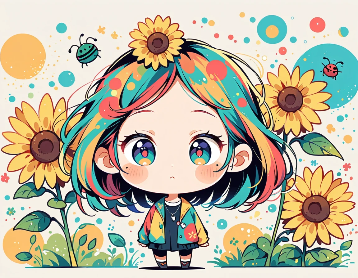 Watase Seizo style, Standing in front of a high wall，Simple Line Initialism，Abstract art，Urban Background, (((The most beautiful girl))), (((chibi))), Cute and colorful pillbugs, sunflower