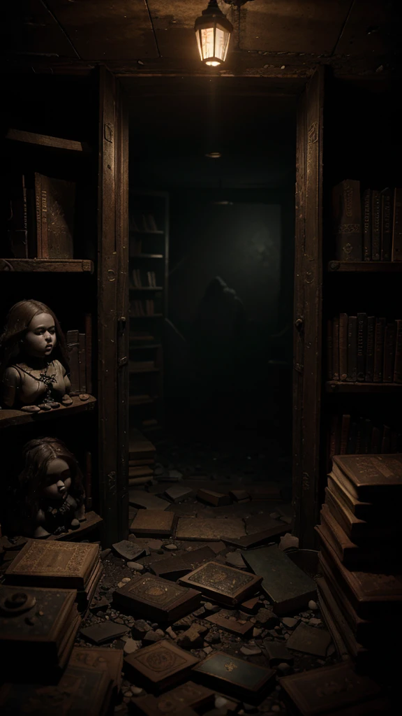 a dark underground chamber filled with ancient artifacts, dusty books, and broken porcelain dolls, highly detailed, cinematic lighting, moody atmosphere, detailed textures, dark fantasy, dramatic shadows, 4k, photorealistic