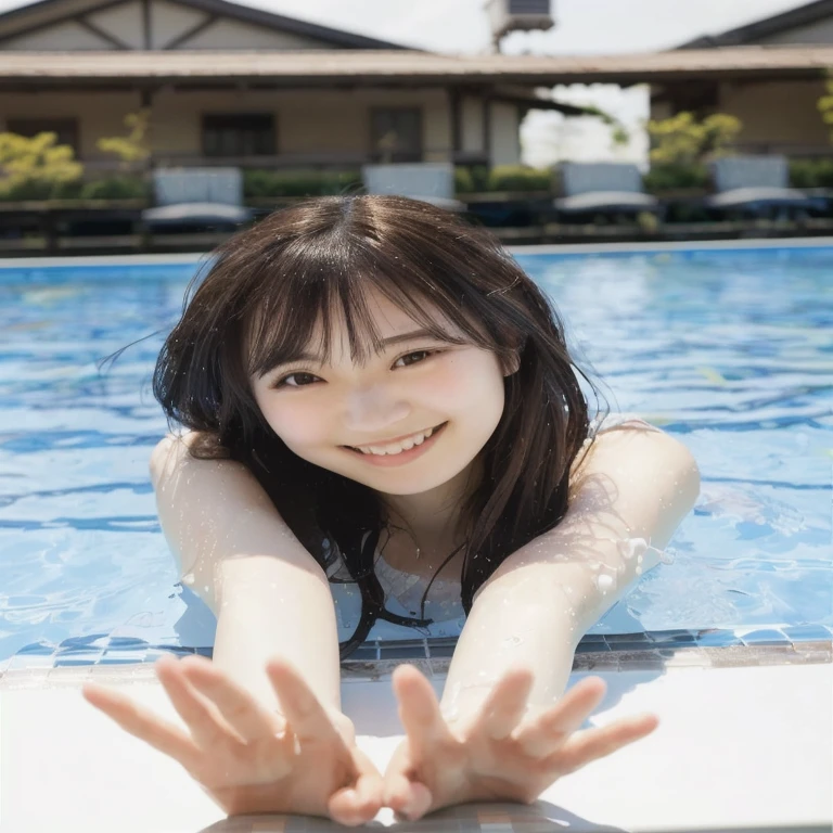 Woman smiling with arms outstretched in pool, Yoshitomo Nara, Chiho, Kazami Yuuka, Yasumoto Oka, Chiho ashima, Nishimiya Shoko, Aoi Ogata, Yuki Morita, Akiko Takase, tsugumi ohba, mao hamaguchi