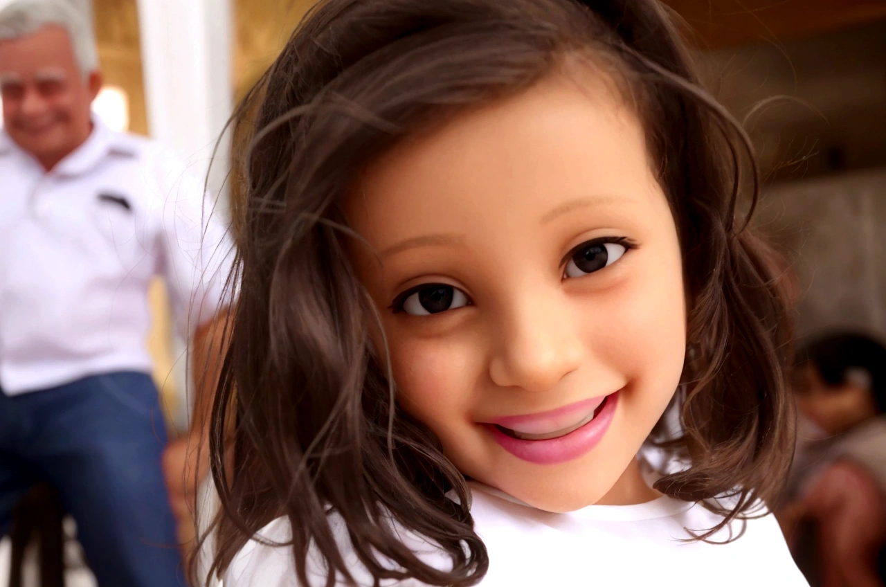 there is one who is smiling and wearing a white shirt, smiling girl, with a gorgeous smile, happy girl, close-up of a lovely, Four years old, , very huge smile, big smile on your face, beautiful and smiling, medium close-up portrait, playful smile, small wide smile, Youngh , Sweet smile, Youngh girl, cute smile