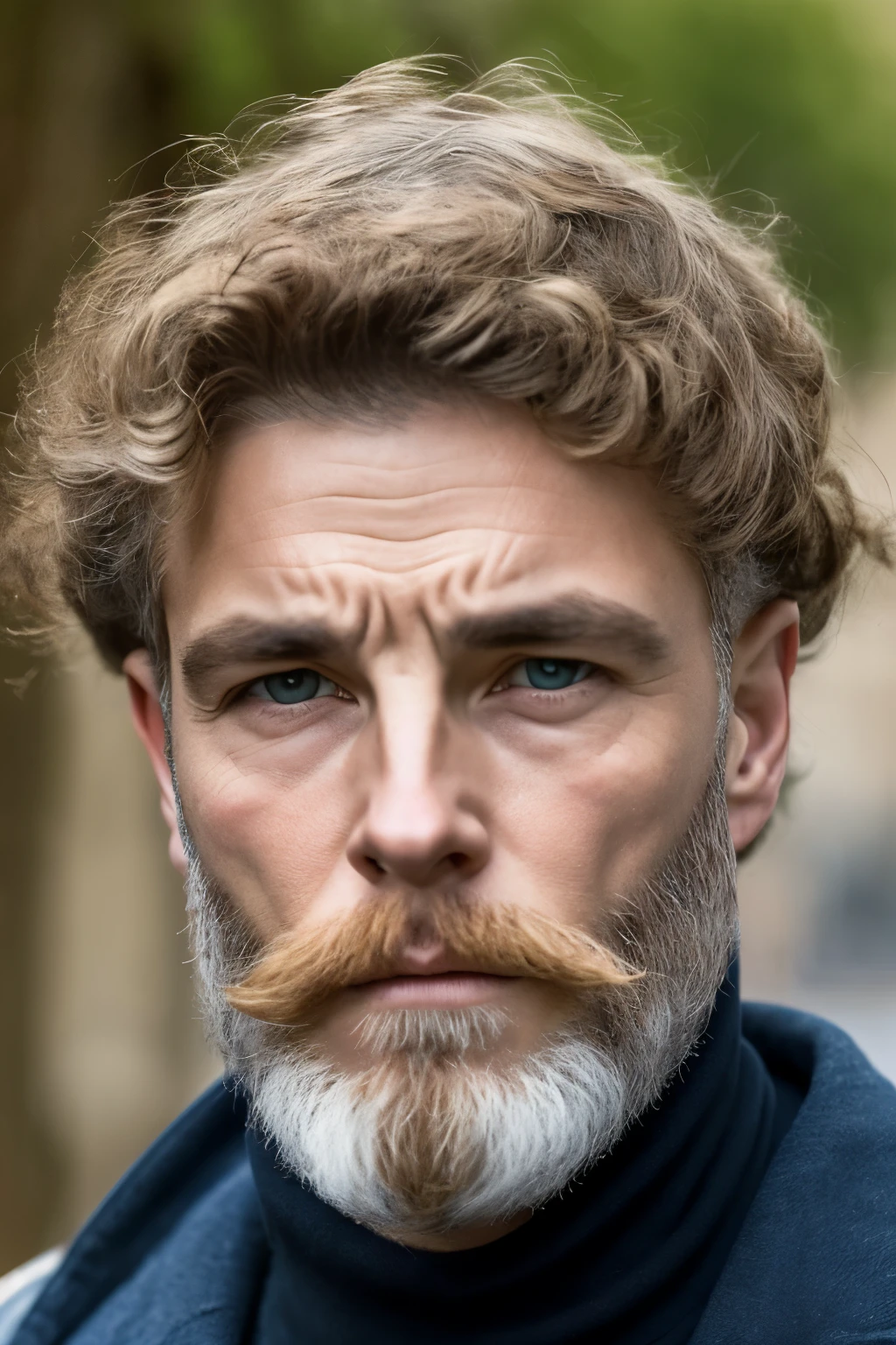 man living in 14th century Edinburgh with a medium beard, dark blue eyes and a threatening look