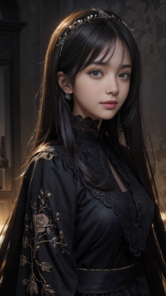 (Ultra Realistic), (Illustration), (Increased Resolution), (8K), (Extremely Detailed), (Best Illustration), (Beautiful and Detailed Eyes), (Best Quality), (Ultra Detailed), (Masterpiece ), ( wallpaper), (detailed face), solo, 1 girl, looking at viewer, fine details, detailed face, in the dark, deep shadows, low key, pureerosfaceace_v1, smiling, long hair, black shawl straight hair , 46 points oblique bangs