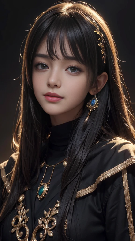 (Ultra Realistic), (Illustration), (Increased Resolution), (8K), (Extremely Detailed), (Best Illustration), (Beautiful and Detailed Eyes), (Best Quality), (Ultra Detailed), (Masterpiece ), ( wallpaper), (detailed face), solo, 1 girl, looking at viewer, fine details, detailed face, in the dark, deep shadows, low key, pureerosfaceace_v1, smiling, long hair, black shawl straight hair , 46 points oblique bangs