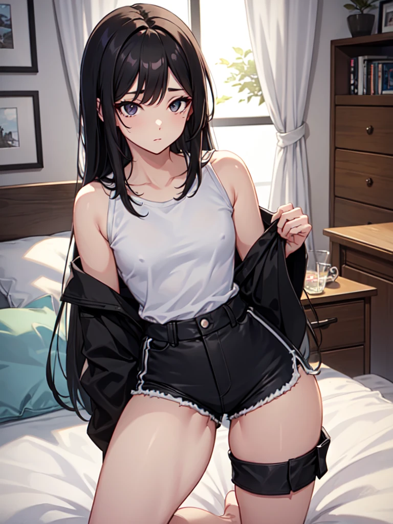 dark eye liner, sharp eyes, thick black hair, semi goth, black eyes, white tshirt, thick thighs, dolfine shorts, small breasts, shoulder length hair,wide hips, thick thighs, small torso, small upper body, dominant, indoors, on knees on bed, 1girl solo