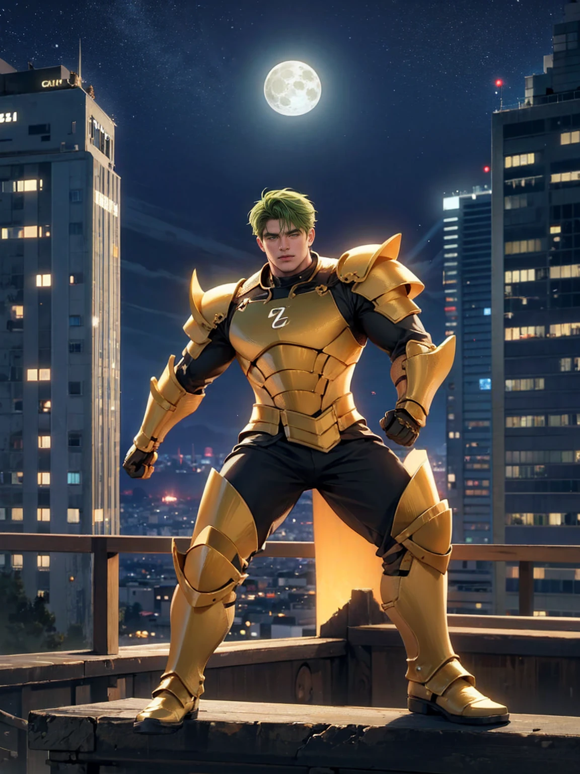 (masterpiece, 4K resolution, Surreal, Very detailed), (Zodiac Knight Theme, Charming, There was a boy at the top of the city, Sagittarius knight in golden armor, He's a superhero), [ ((20 years), (Green short hair:1.2), whole body, (Green Eyes:1.2), ((Fighting Stance),demonstration of strength), ((Sandy urban environment):0.8)| (city View, night, Dynamic Lighting), (Full Moon))