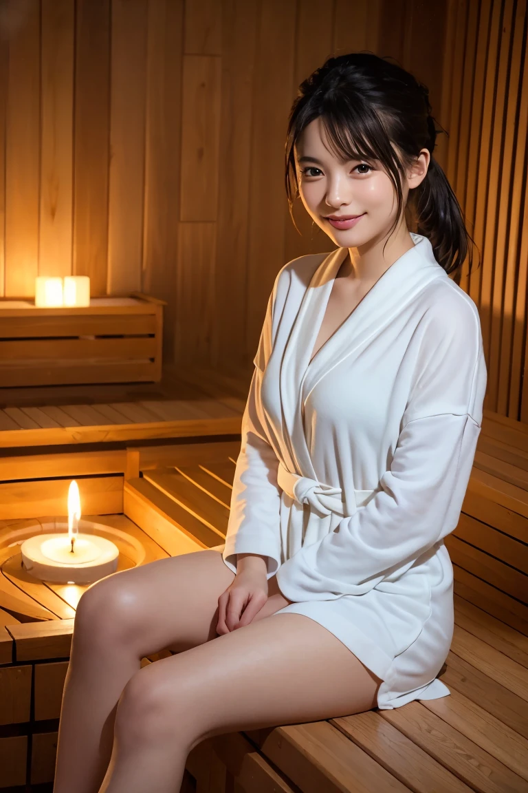 A beautiful woman relaxing in a luxurious sauna and spa. The scene is set in a serene and elegant environment, with warm lighting and a tranquil ambiance. The woman is wearing a comfortable spa robe, her hair is gently tied back, and she has a peaceful smile on her face. The sauna room features wooden benches and soft steam, while the spa area includes a bubbling hot tub and soothing water features. Candles and soft towels add to the relaxing atmosphere. The overall setting should convey relaxation, comfort, and rejuvenation.