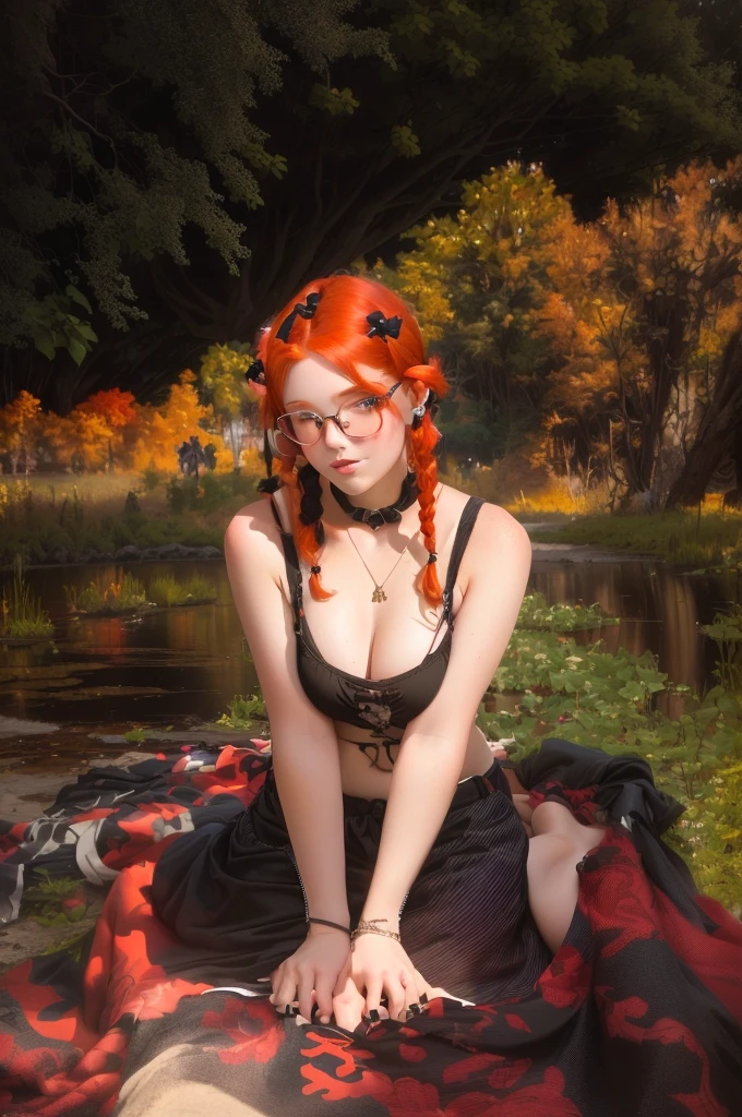 there is a woman sitting on a blanket on the ground, redhead girl, cute young redhead girl, redhead, good young girl, ( redhead, girl, bottom angle, with black pigtails, young and cute girl, pigtail, short redhead, pigtails, long pigtail, cute young girl, red haired goddess, with glasses, cute girl