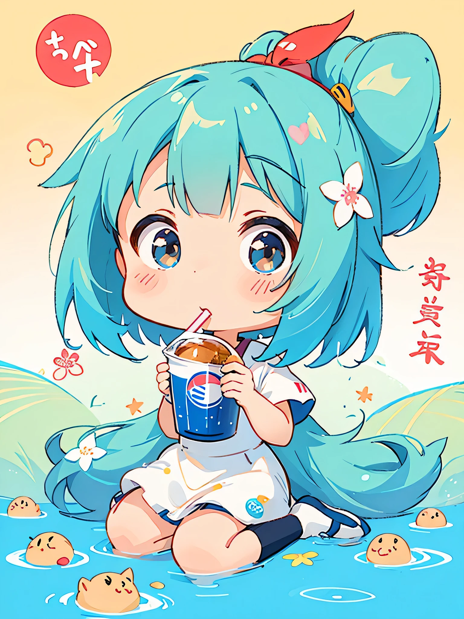 Hayao Mayazaki style, Kawaii Design, The most beautiful girl of all time、Chibi, drinking, Pepsi