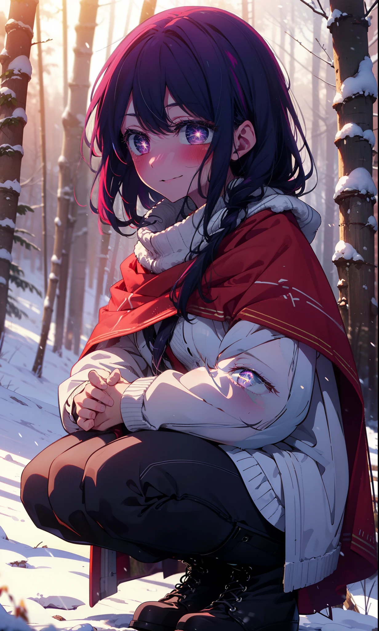 aihoshino, Ai Hoshino, Long Hair, bangs, (Purple eyes:1.1), Purple Hair, (Symbol-shaped pupil:1.5), smile,,smile,blush,White Breath,
Open your mouth,snow,Ground bonfire, Outdoor, boots, snowing, From the side, wood, suitcase, Cape, Blurred, , forest, White handbag, nature,  Squat, Mouth closed, Cape, winter, Written boundary depth, Black shoes, red Cape break looking at viewer, Upper Body, whole body, break Outdoor, forest, nature, break (masterpiece:1.2), Highest quality, High resolution, unity 8k wallpaper, (shape:0.8), (Beautiful and beautiful eyes:1.6), Highly detailed face, Perfect lighting, Extremely detailed CG, (Perfect hands, Perfect Anatomy),