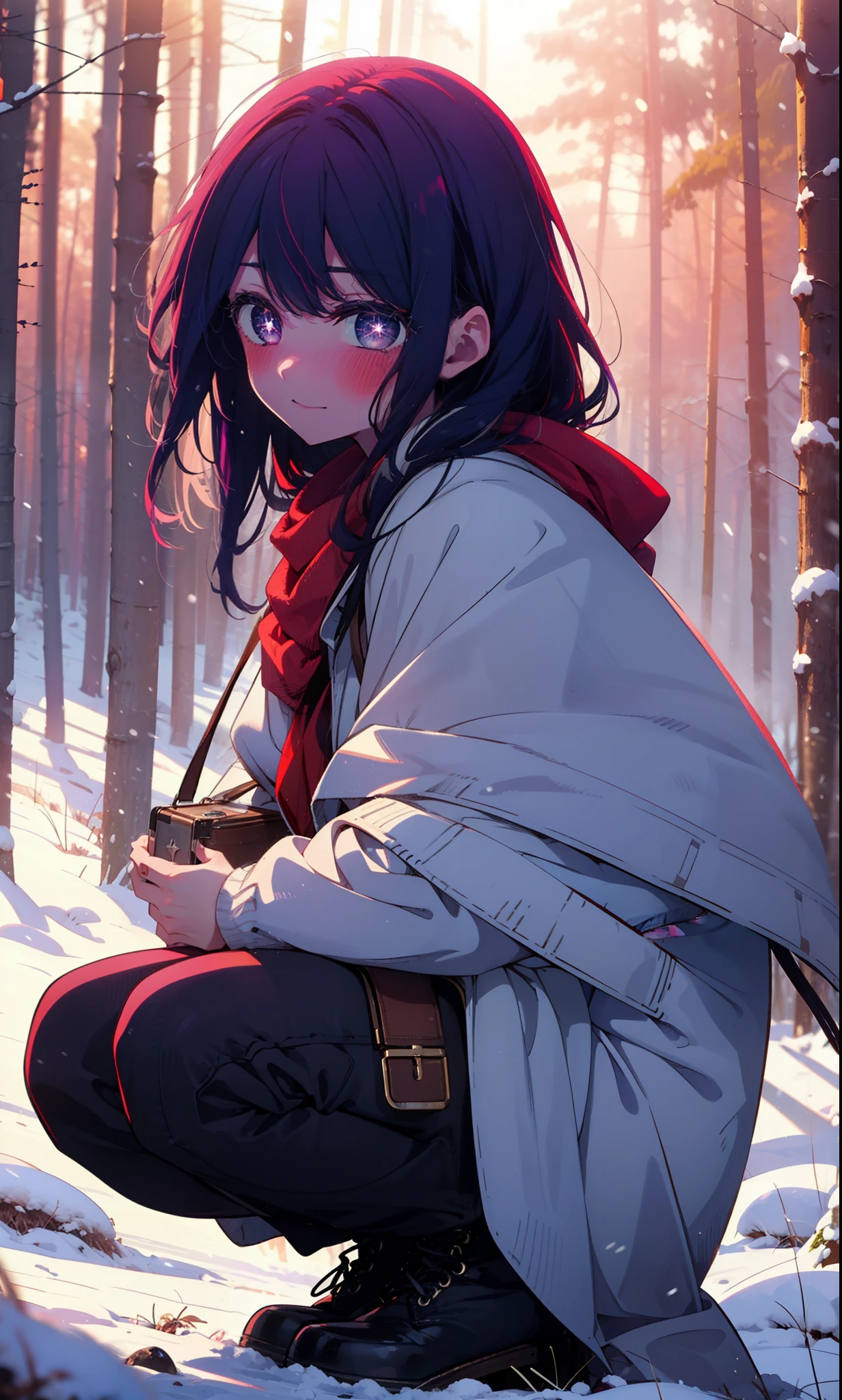 aihoshino, Ai Hoshino, Long Hair, bangs, (Purple eyes:1.1), Purple Hair, (Symbol-shaped pupil:1.5), smile,,smile,blush,White Breath,
Open your mouth,snow,Ground bonfire, Outdoor, boots, snowing, From the side, wood, suitcase, Cape, Blurred, , forest, White handbag, nature,  Squat, Mouth closed, Cape, winter, Written boundary depth, Black shoes, red Cape break looking at viewer, Upper Body, whole body, break Outdoor, forest, nature, break (masterpiece:1.2), Highest quality, High resolution, unity 8k wallpaper, (shape:0.8), (Beautiful and beautiful eyes:1.6), Highly detailed face, Perfect lighting, Extremely detailed CG, (Perfect hands, Perfect Anatomy),