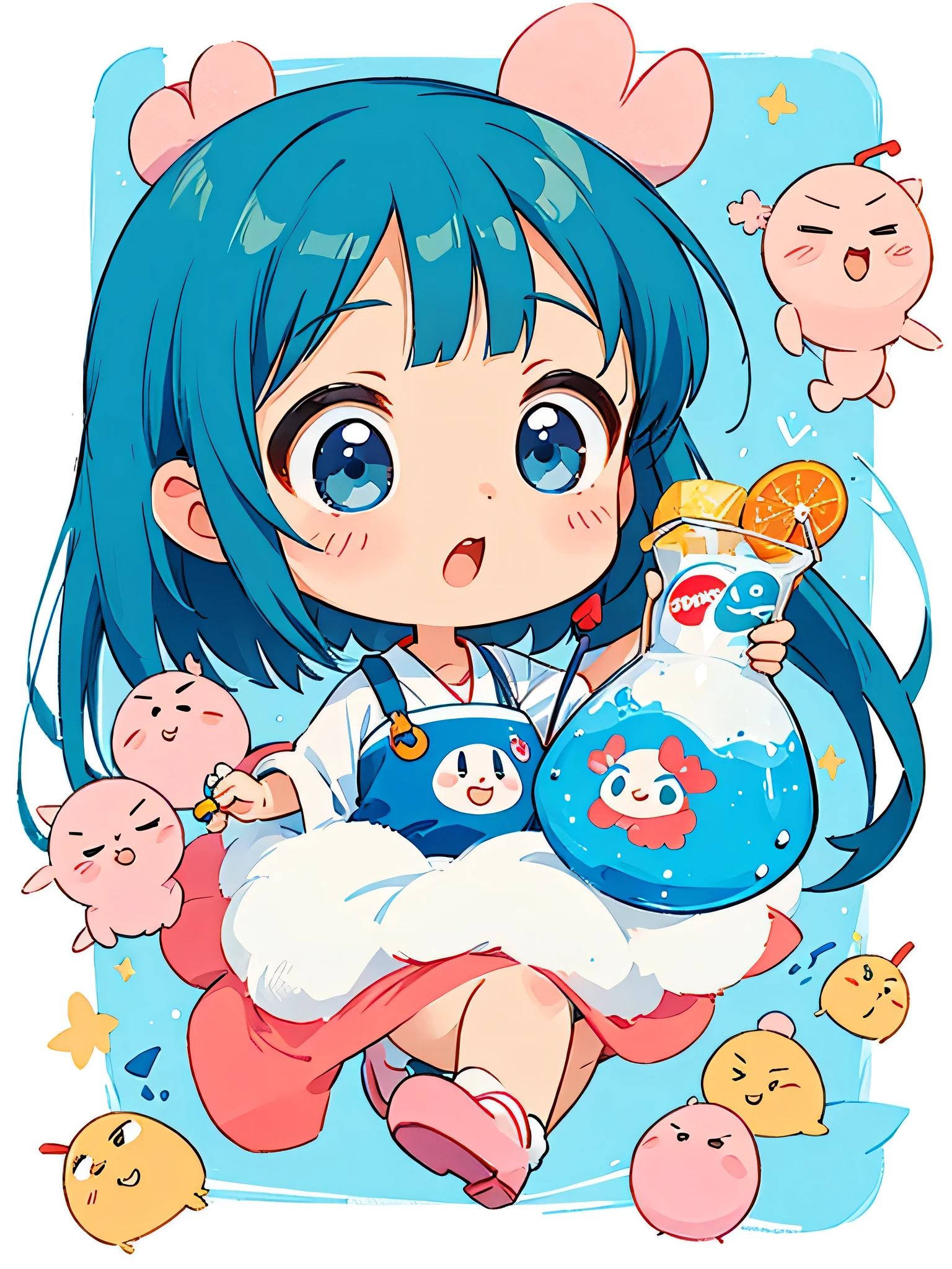 Hayao Mayazaki style, Kawaii Design, The most beautiful girl of all time、Chibi, drinking, Pepsi