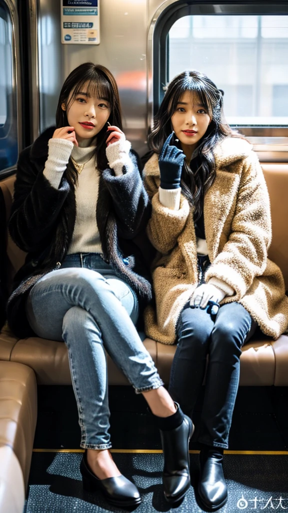 A full-body photo of two mature Japanese gals with flashy hair wearing cute fur coats with pumps and black socks and shiny, thin, short black leather gloves.,Five fingers,Inside the train,Voyeur,Heavy makeup face eyeshadow,mascara,cross the her legs,Ultra-detailed face, open eyes,Black socks,Blue skinny denim pants style,She looks at the photographer with an inviting expression.,This photo was taken in daylight with soft lighting..、sitting in a subway train seat.。. This photo was taken by someone on their cell phone..、Apparently it was posted on Snapchat.。.