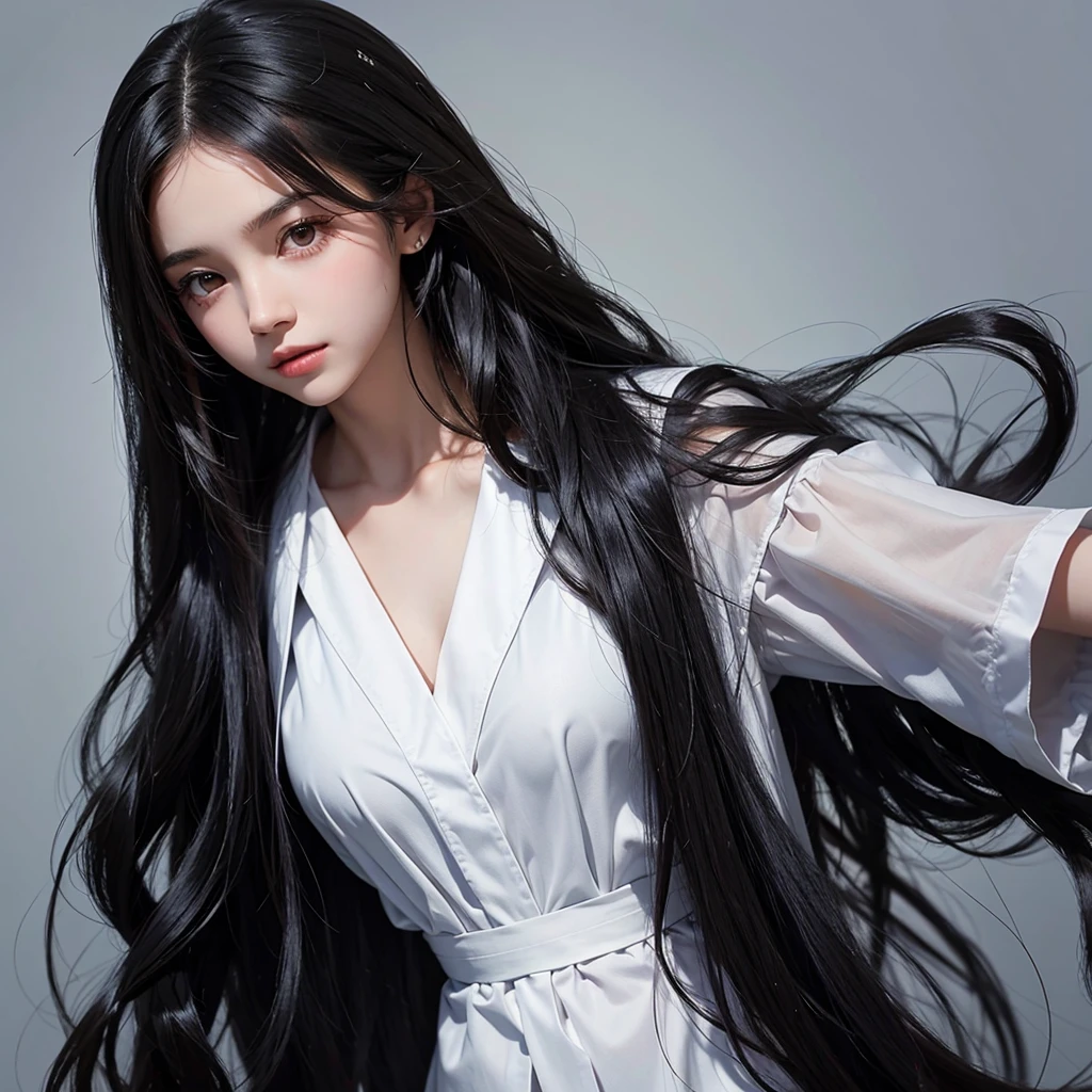 yearbook photo of a girl with long wavy black hair, with plain background, bust shot