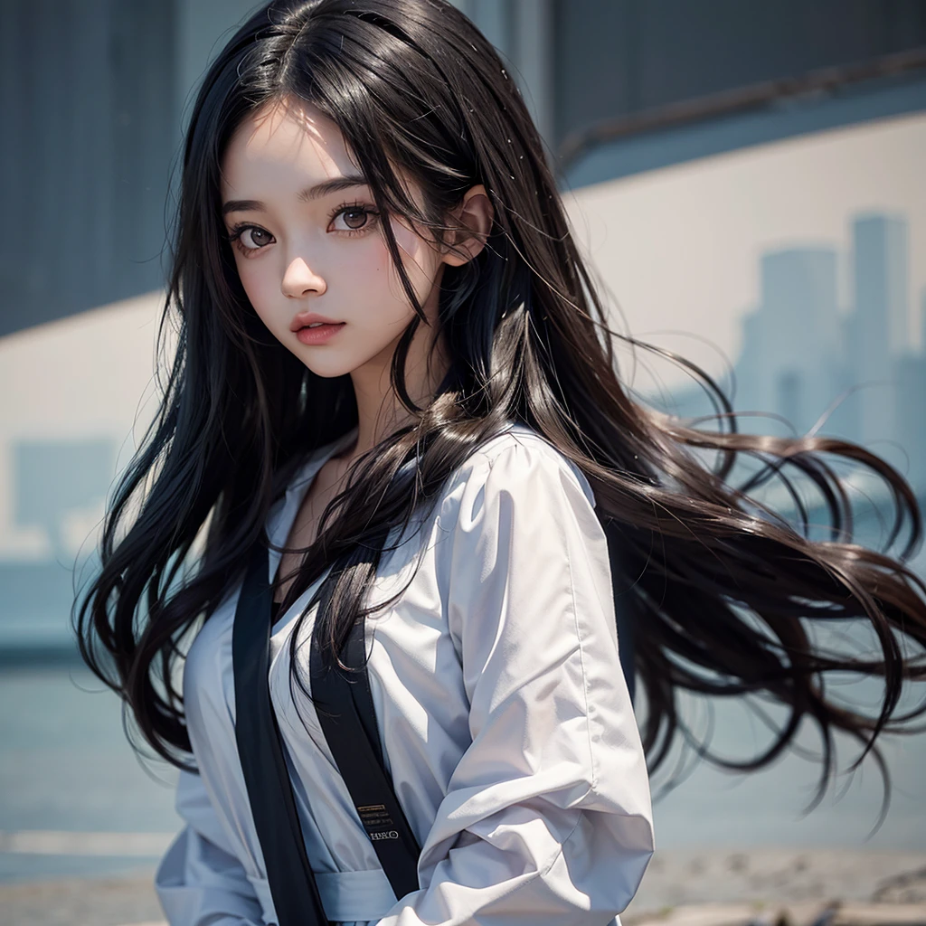 yearbook photo of a girl with long wavy black hair, with plain background, bust shot