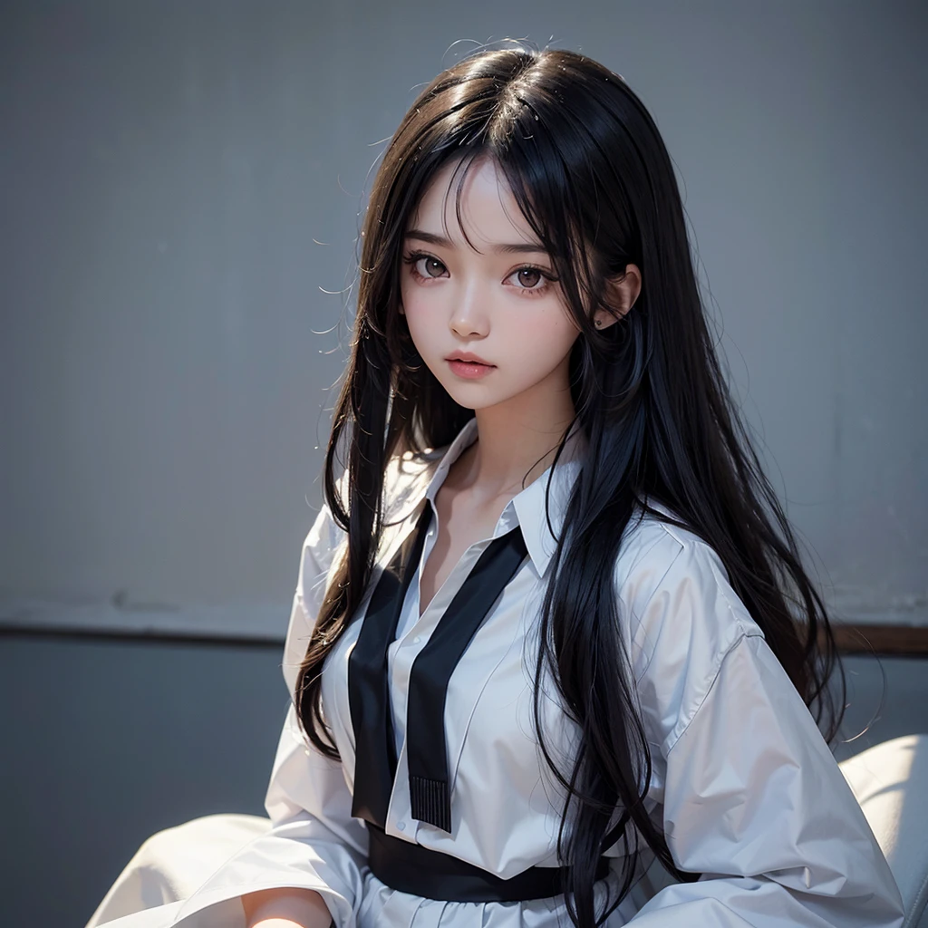 yearbook photo of a girl with long wavy black hair, with plain background, bust shot
