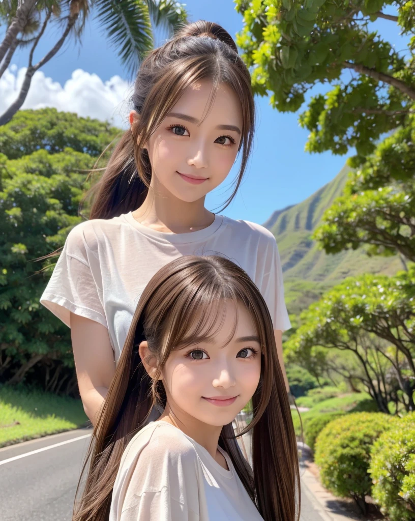 (Highest quality, 32k, High resolution, Masterpiece:1.5, ), marimo_jet, god々A photograph with brilliant dazzling and healing power., Evoking a sense of calm and elusive beauty, Expressing emotions, Have a rich imagination, The road to the horizon, Nostalgic scenery of youth, Beautiful Japanese Girls, An exceptionally beautiful face, Small Face Beauty, Perfect Human Anatomy, Magical big eyes, Motherhood and generosity, Deep Love, fleeting smile, ((Shiny brown hair:1.1)), ((A beautiful ponytail swaying in the wind)), Asymmetrical bangs, Hair between the eyes, Transparent, soft white skin, Sharp eyebrows, Thin lashes, Natural Makeup, Cheek highlighter, Pale pink detailed lips, (Oversized black t-shirt:1.3), High resolutionの美しい太もも, Beautiful legs, ((Hawaii Countryside)), ((The road to the horizon路)), Beautifully detailed skies, ((Shining in the morning sunlight)), Professional photographer, Professional Lighting, Professional models, god秘的