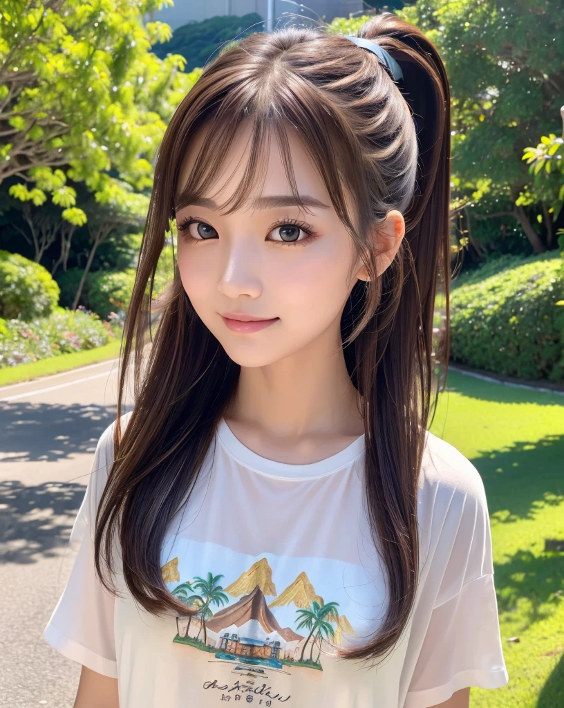(Highest quality, 32k, High resolution, Masterpiece:1.5, ), marimo_jet, god々A photograph with brilliant dazzling and healing power., Evoking a sense of calm and elusive beauty, Expressing emotions, Have a rich imagination, The road to the horizon, Nostalgic scenery of youth, Beautiful Japanese Girls, An exceptionally beautiful face, Small Face Beauty, Perfect Human Anatomy, Magical big eyes, Motherhood and generosity, Deep Love, fleeting smile, ((Shiny brown hair:1.1)), ((A beautiful ponytail swaying in the wind)), Asymmetrical bangs, Hair between the eyes, Transparent, soft white skin, Sharp eyebrows, Thin lashes, Natural Makeup, Cheek highlighter, Pale pink detailed lips, (Oversized black t-shirt:1.3), High resolutionの美しい太もも, Beautiful legs, ((Hawaii Countryside)), ((The road to the horizon路)), Beautifully detailed skies, ((Shining in the morning sunlight)), Professional photographer, Professional Lighting, Professional models, god秘的