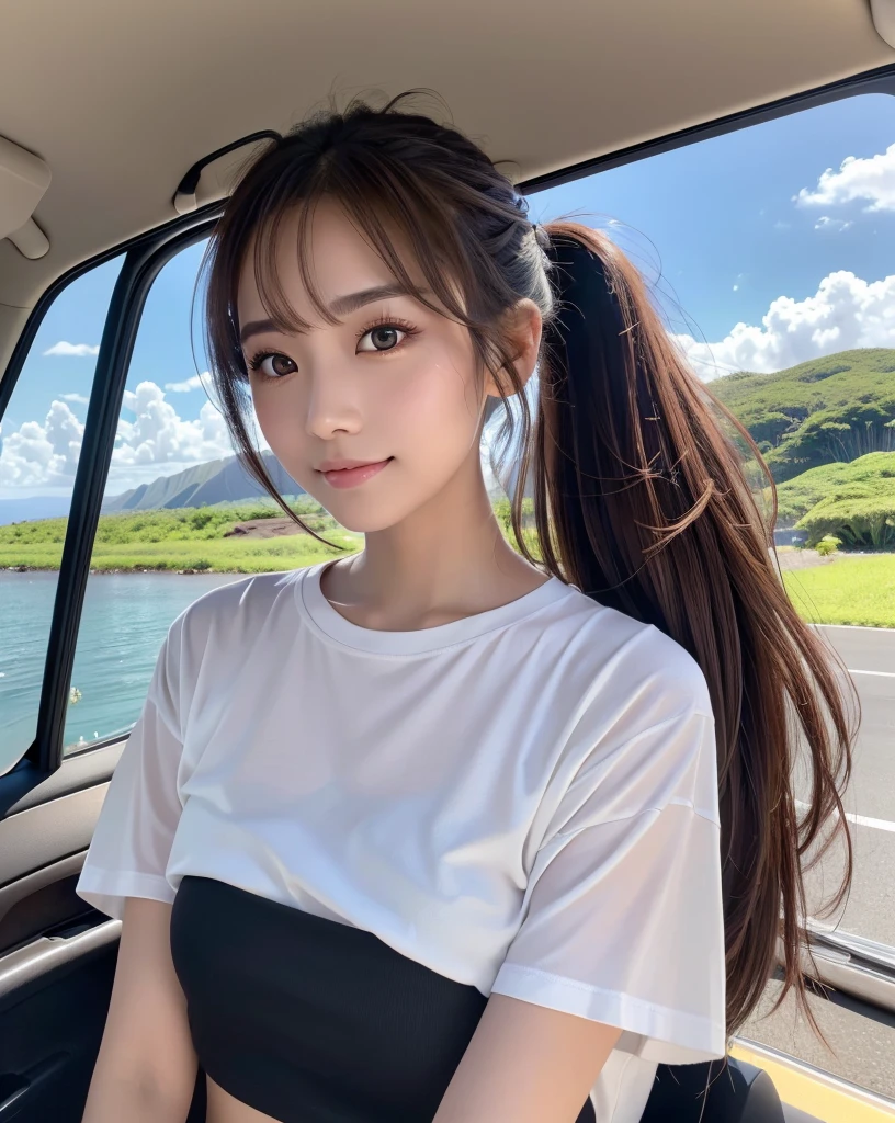 (Highest quality, 32k, High resolution, Masterpiece:1.5, ), marimo_jet, god々A photograph with brilliant dazzling and healing power., Evoking a sense of calm and elusive beauty, Expressing emotions, Have a rich imagination, The road to the horizon, Nostalgic scenery of youth, Beautiful Japanese Girls, An exceptionally beautiful face, Small Face Beauty, Perfect Human Anatomy, Magical big eyes, Motherhood and generosity, Deep Love, fleeting smile, ((Shiny brown hair:1.1)), ((A beautiful ponytail swaying in the wind)), Asymmetrical bangs, Hair between the eyes, Transparent, soft white skin, Sharp eyebrows, Thin lashes, Natural Makeup, Cheek highlighter, Pale pink detailed lips, (Oversized black t-shirt:1.3), High resolutionの美しい太もも, Beautiful legs, ((Hawaii Countryside)), ((The road to the horizon路)), Beautifully detailed skies, ((Shining in the morning sunlight)), Professional photographer, Professional Lighting, Professional models, god秘的