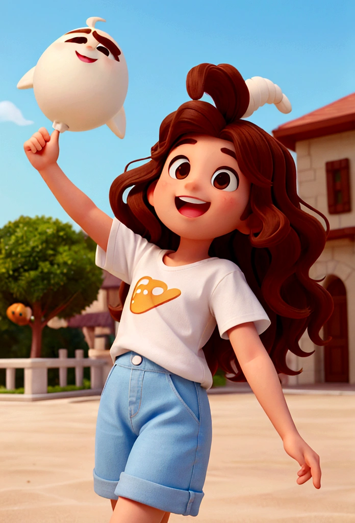create an image of a , with wavy brown hair, shoulder length, happy, wearing a white shirt in the Disney Pixar style
