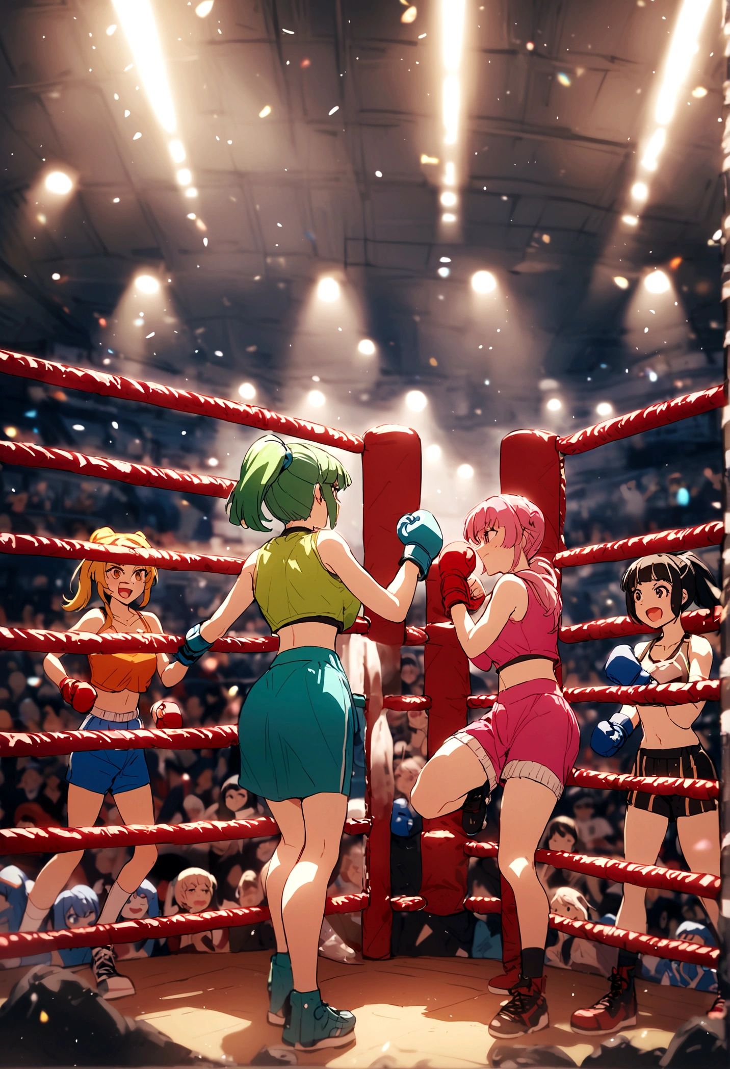 Boxing ring, 3 girls, judge girl hold boxer girl who lost while boxer girl who won tickle boxer girl who lost