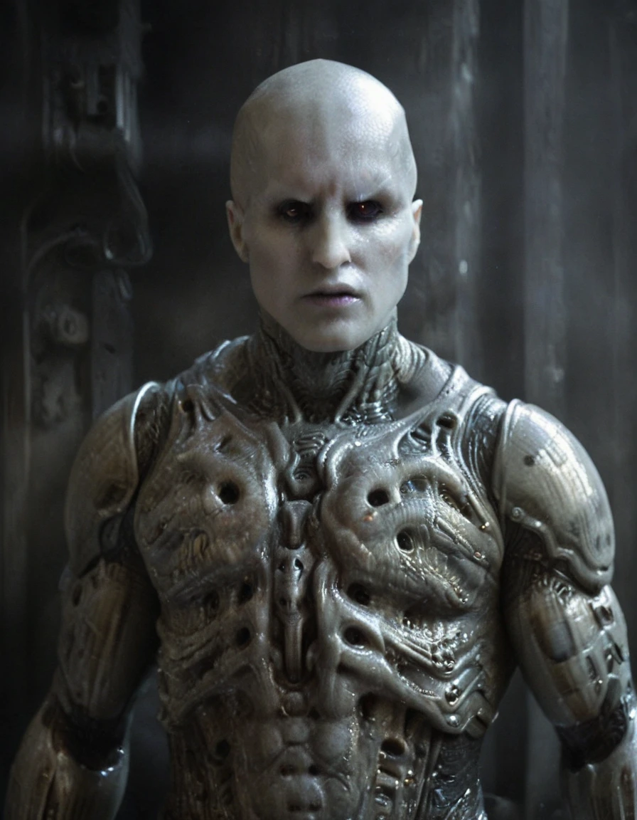 Engineer1024, cinematic movie still of the Prometheus movie by Ridley Scott, a bald pale semi-alien male with dark black  eyes, ivory bio-metallic-bone armor inspired by H. R. Giger, extremely detailed pale skin with visible respiratory pores, in a dynamic pose, angry expression,
extremely high quality RAW photograph, exquisite details and textures, highly detailed, ultra detailed photograph, dramatic cinematic lighting, 4k,
highest resolution, (bokeh:1.3), (best quality, masterpiece:1.3), ultra high res, 16k unity wallpaper, intricate details, highest detailed, sharp focus, extreme shadow-play, low key, backlit, (filmgrain:1.3)
dramatic full body shot, wide angle view
ancient ruins of an otherworldly alien planet , dusty atmospheric haze, mesmerizing fog, dark pastel colors
