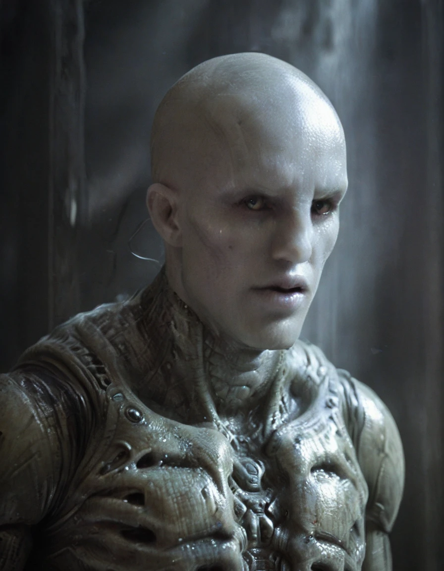 Engineer1024, cinematic movie still of the Prometheus movie by Ridley Scott, a bald pale semi-alien male with dark black  eyes, ivory bio-metallic-bone armor inspired by H. R. Giger, extremely detailed pale skin with visible respiratory pores, in a dynamic pose, angry expression,
extremely high quality RAW photograph, exquisite details and textures, highly detailed, ultra detailed photograph, dramatic cinematic lighting, 4k,
highest resolution, (bokeh:1.3), (best quality, masterpiece:1.3), ultra high res, 16k unity wallpaper, intricate details, highest detailed, sharp focus, extreme shadow-play, low key, backlit, (filmgrain:1.3)
dramatic full body shot, wide angle view
ancient ruins of an otherworldly alien planet , dusty atmospheric haze, mesmerizing fog, dark pastel colors
