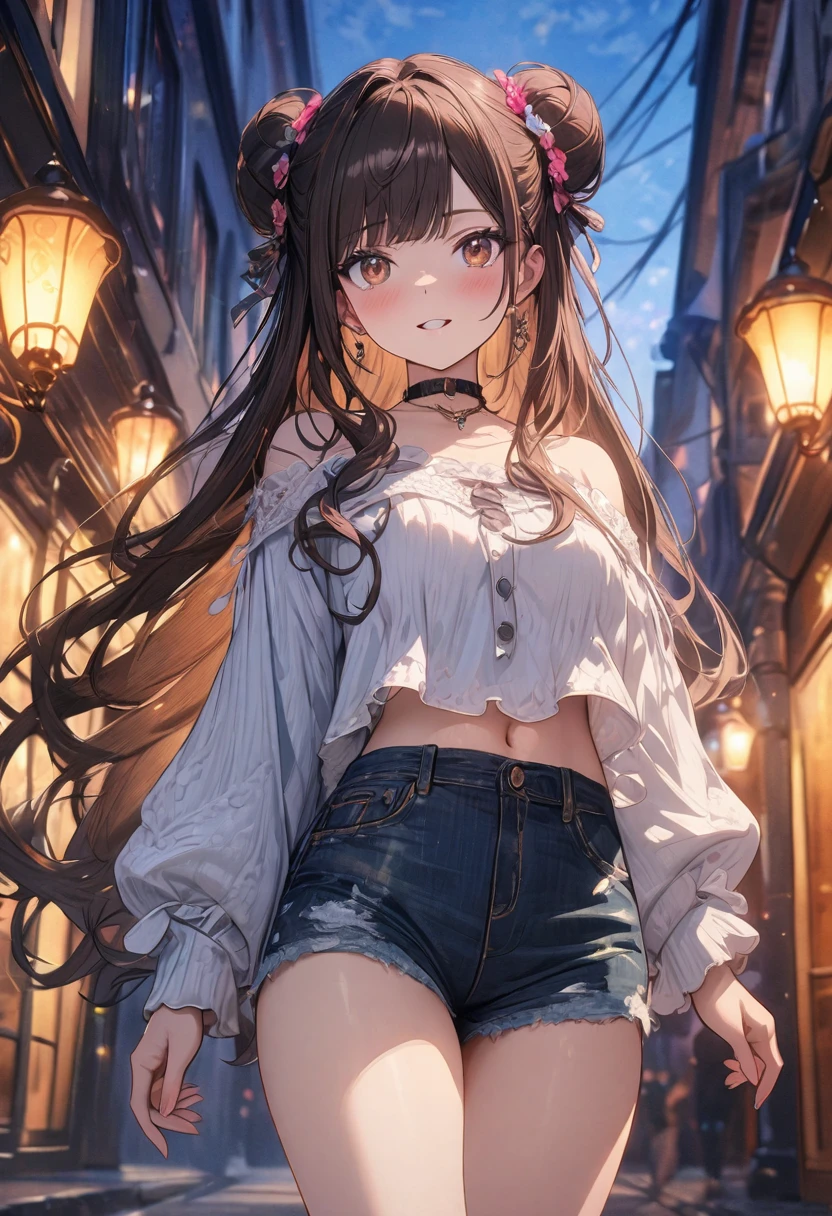 (masterpiece), best quality, very aesthetic, newest, absurdres, detailed, high quality
BREAK
highest quality, top quality, details, highres, ultra fine painting, digital art, official art, cinematic, 4k, 8k resolution, 8K CG wallpaper, CG, original artwork, detailed background, colorful background, blue atmosphere, High Dynamic Range, blurry background, blue hour, Starburst effects, crepuscular rays, good ISO, high resolution, wide shot, from far away, RAW photo, POV, sharp focus, light reflection, reflections, intricate details, soft light, particle noise, professional photography, bokeh, depth of field, natural lighting, vibrant colors, looking away, detailed lights and shadows, stylish, ultra-detailed, top rated on Pixiv, trending on Artstation, niji style, modern-days, master crafted, pose
BREAK
solo, close up, 1girl, pale skin, correct fingers, detailed hand, (breasts:1.2), big thighs, small torso, short body, flushtered, blush, anxious expression, embarassed, embarassed act, casual, slim, ((cute, childlike face):1.3), nice hips, nice body, brown hair, (very long flowing hair), (big 2 buns hairstyle)), long bangs, long hair, middle hair bangs, brown eyes
BREAK
(loose-fitting crop shirt, long sleeve, denim shorts, choker, casual wear style, modest, tummy skin, modern fashion) 
BREAK
Empty streets background, anime background, quiet street, street lamps, sky