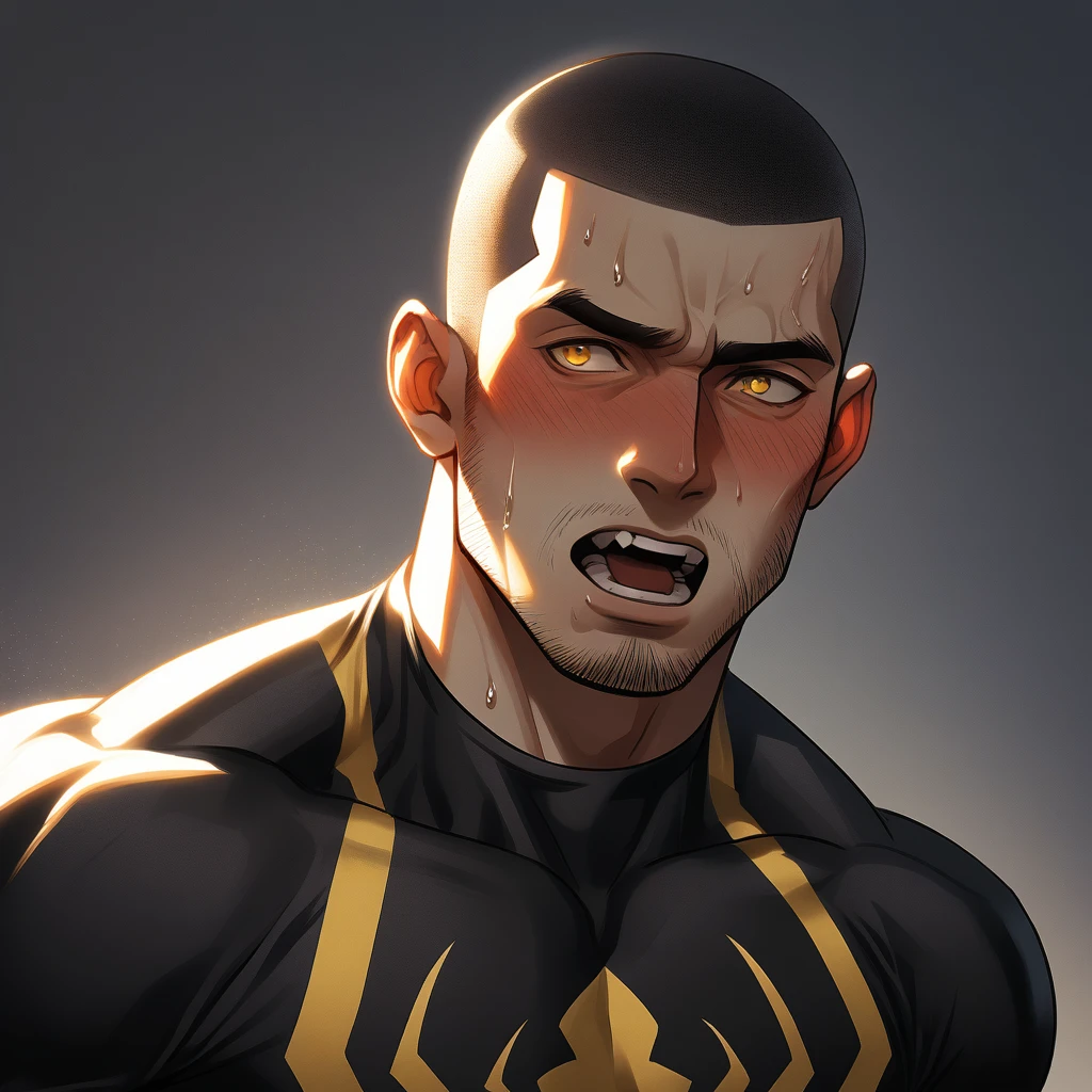 1muscular sportsman, Athlete,male focus, Buzz Cut, Yellow and black Spider-Man tight T-shirt, one ,Very tight, muscular male, muscular, only, Upper body, alone, look to the side, short hair, stubble, sweat, black hair, Yellow eyes, open lips, White background, simple background, amazing quality, best aesthetics, Ridiculous, crew cut, moaning, blush, clair obscur, cinematic lighting, best quality, textured skin