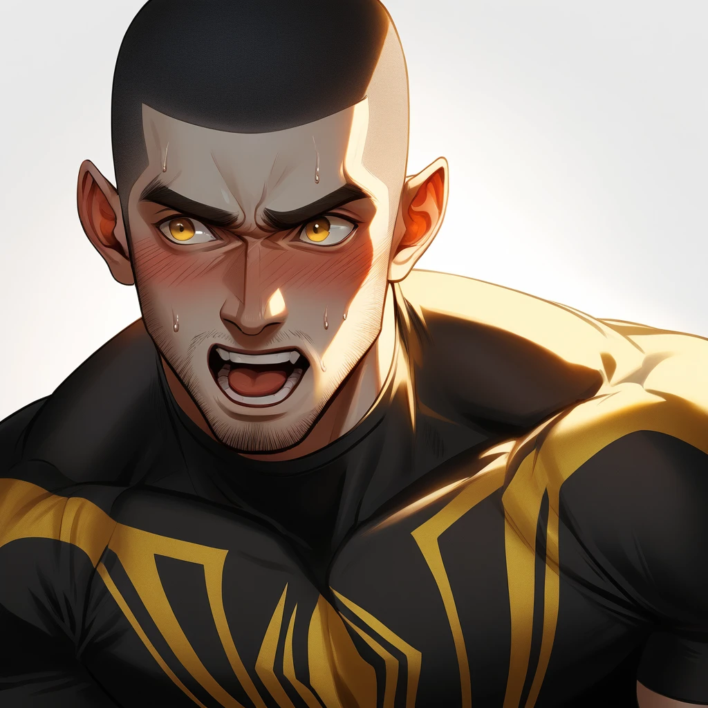 1muscular sportsman, Athlete,male focus, Buzz Cut, Yellow and black Spider-Man tight T-shirt, one ,Very tight, muscular male, muscular, only, Upper body, alone, look to the side, short hair, stubble, sweat, black hair, Yellow eyes, open lips, White background, simple background, amazing quality, best aesthetics, Ridiculous, crew cut, moaning, blush, clair obscur, cinematic lighting, best quality, textured skin