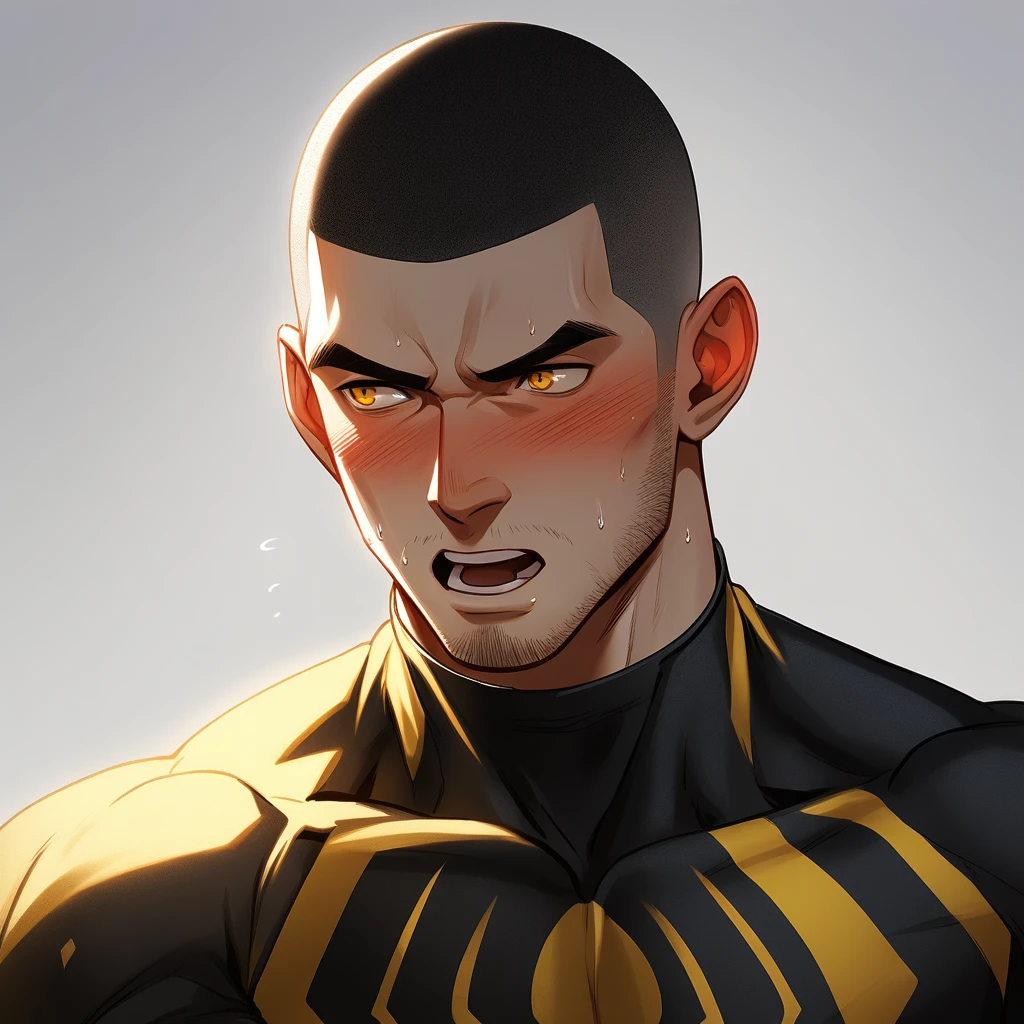 1muscular sportsman, Athlete，male focus, Buzz Cut, Yellow and black Spider-Man tight T-shirt, one ,Very tight, muscular male, muscular, only, Upper body, alone, look to the side, short hair, stubble, sweat, black hair, Yellow eyes, open lips, White background, simple background, amazing quality, best aesthetics, Ridiculous, crew cut, moaning, blush, clair obscur, cinematic lighting, best quality, textured skin
