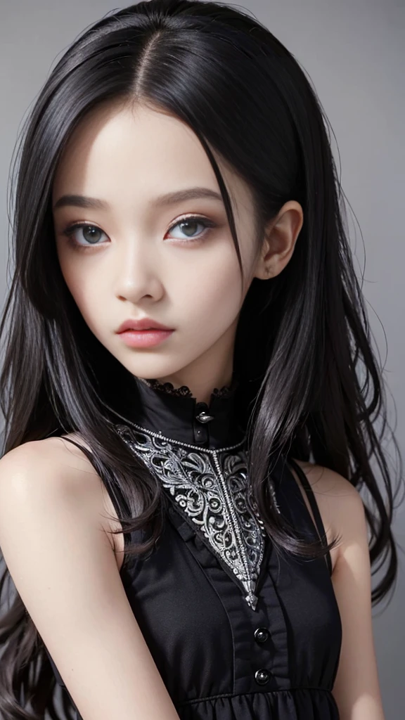 (((Masterpiece, top quality, ultra-detailed: 1.5)), (((1 Infinity Mage Girl)), ,
((Very detailed face: 1.4)), small thin nose, small thin-lipped mouth,
((Very sharp focused eyes: 1.3)), very large slit precision pale grey eyes,
sparkling like jewels. Very long eyelashes, long black hair in black vertical curls,
with fringes, ((Steampunk fashion: 0.8)), ((Gothic Lolita fashi0.8)).