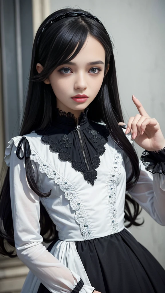 (((Masterpiece, top quality, ultra-detailed: 1.5)), (((1 Infinity Mage Girl)), ,
((Very detailed face: 1.4)), small thin nose, small thin-lipped mouth,
((Very sharp focused eyes: 1.3)), very large slit precision pale grey eyes,
sparkling like jewels. Very long eyelashes, long black hair in black vertical curls,
with fringes, ((Steampunk fashion: 0.8)), ((Gothic Lolita fashion: 0.8)).