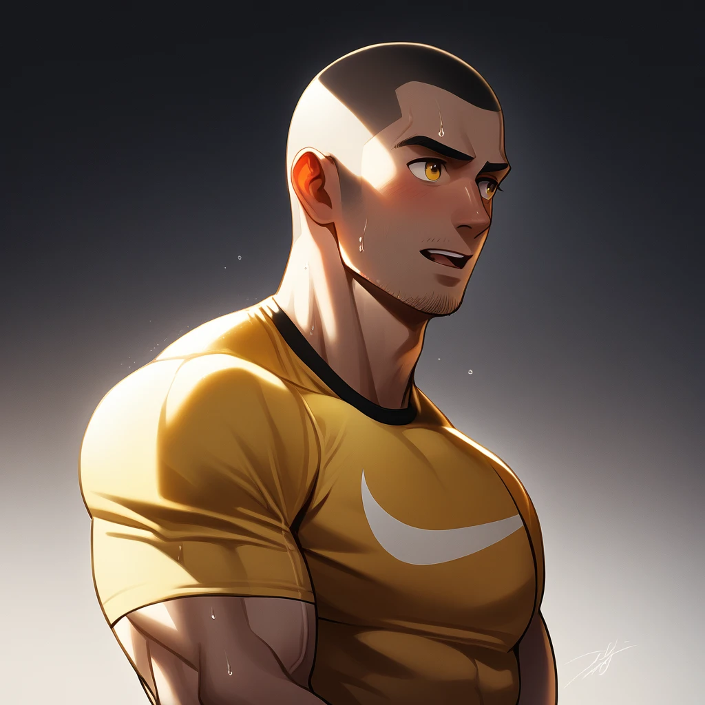 1muscular sportsman, Athlete, male focus, Buzz Cut, Yellow and black tight T-shirt, There is a Nike logo on the chest, Very tight, muscular male, muscular, only, Upper body, alone, look to the side, short hair, stubble, sweat, black hair, Yellow eyes, open lips, White background, simple background, amazing quality, best aesthetics, Ridiculous, crew cut, moaning, blush, chiaroscuro, cinematic lighting, best quality, textured skin